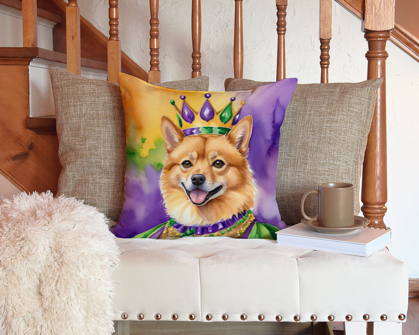 Finnish Spitz King of Mardi Gras Throw Pillow