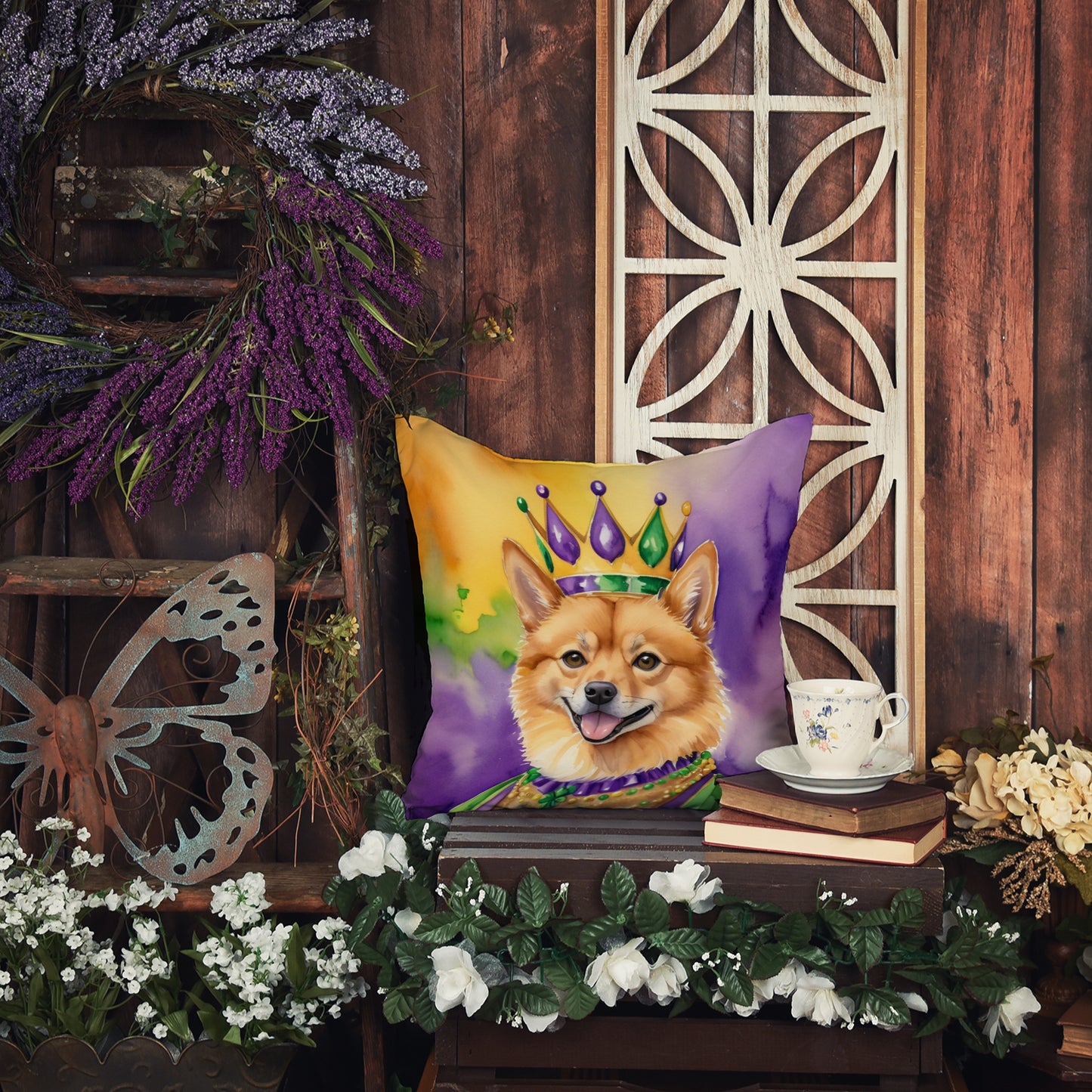 Finnish Spitz King of Mardi Gras Throw Pillow