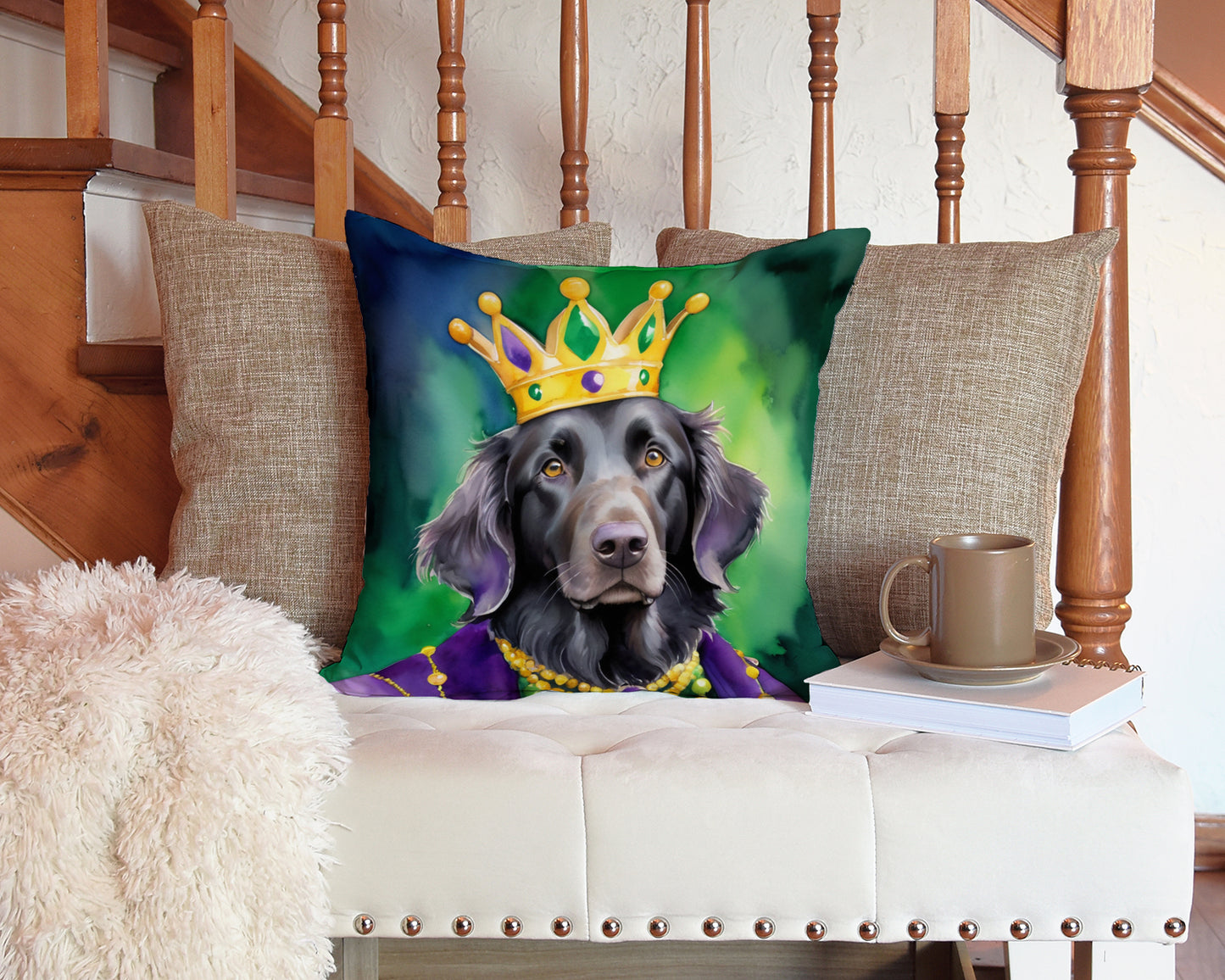 Flat-Coated Retriever King of Mardi Gras Throw Pillow