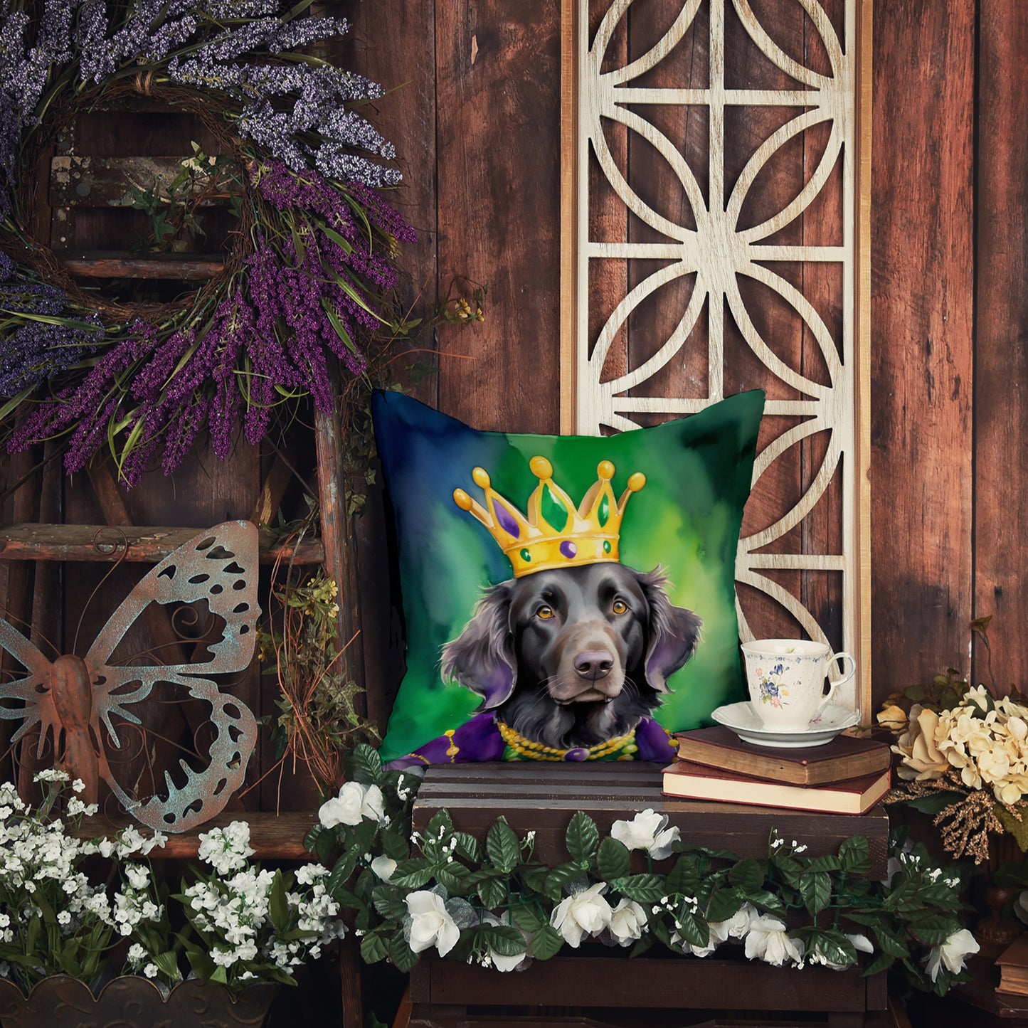 Flat-Coated Retriever King of Mardi Gras Throw Pillow