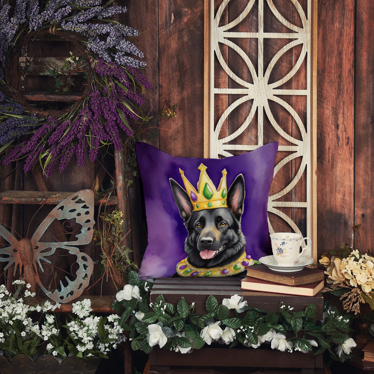 Black German Shepherd King of Mardi Gras Throw Pillow