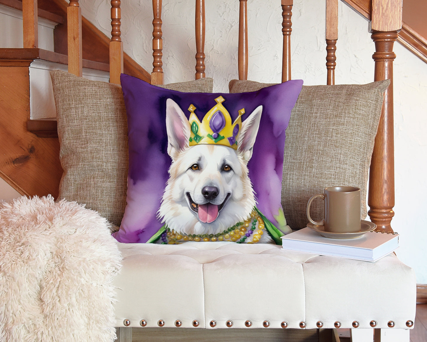 White German Shepherd King of Mardi Gras Throw Pillow