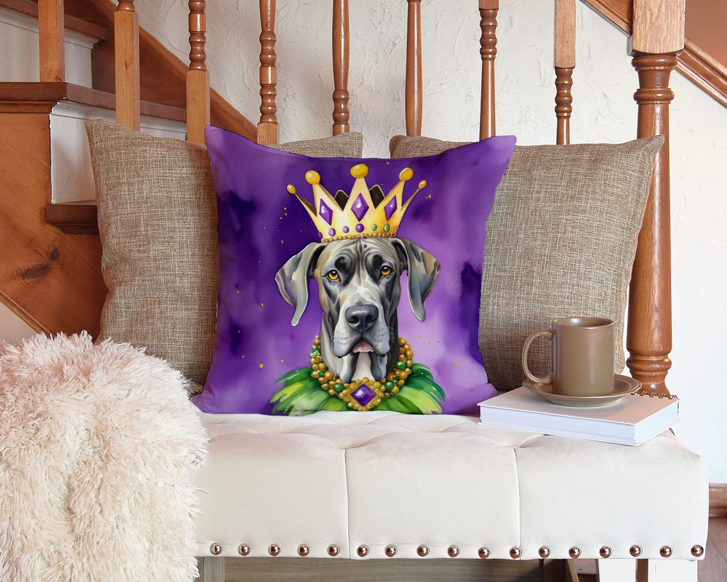 Great Dane King of Mardi Gras Throw Pillow
