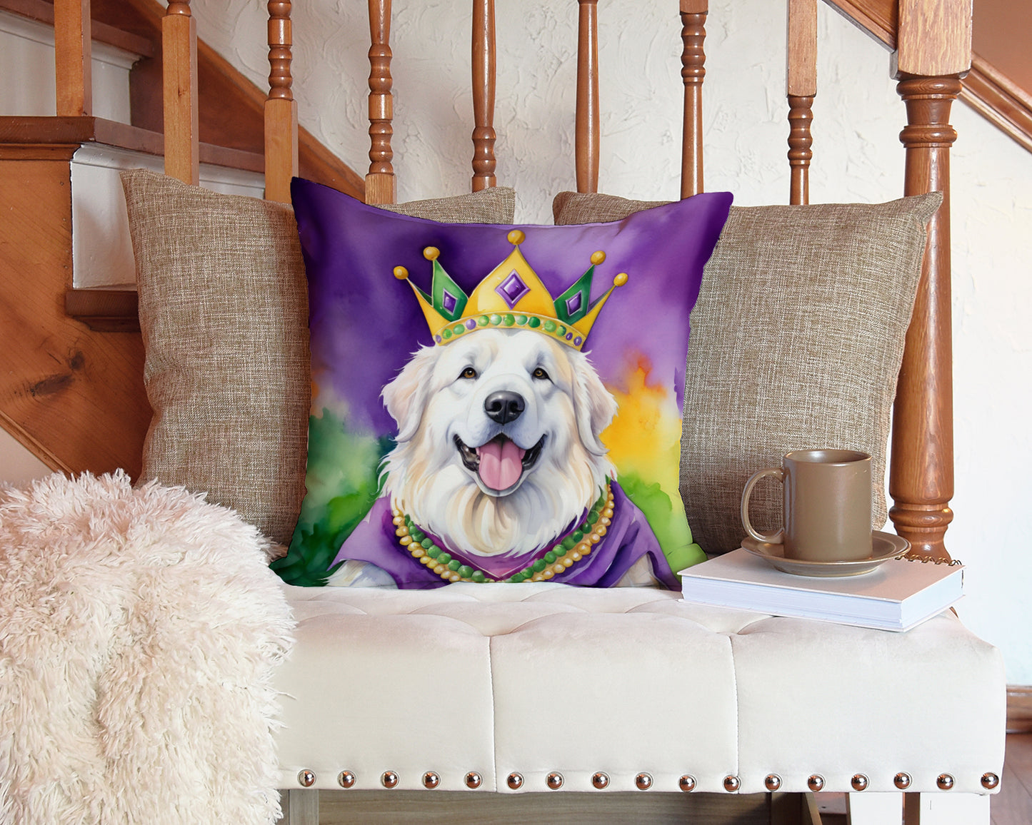 Great Pyrenees King of Mardi Gras Throw Pillow