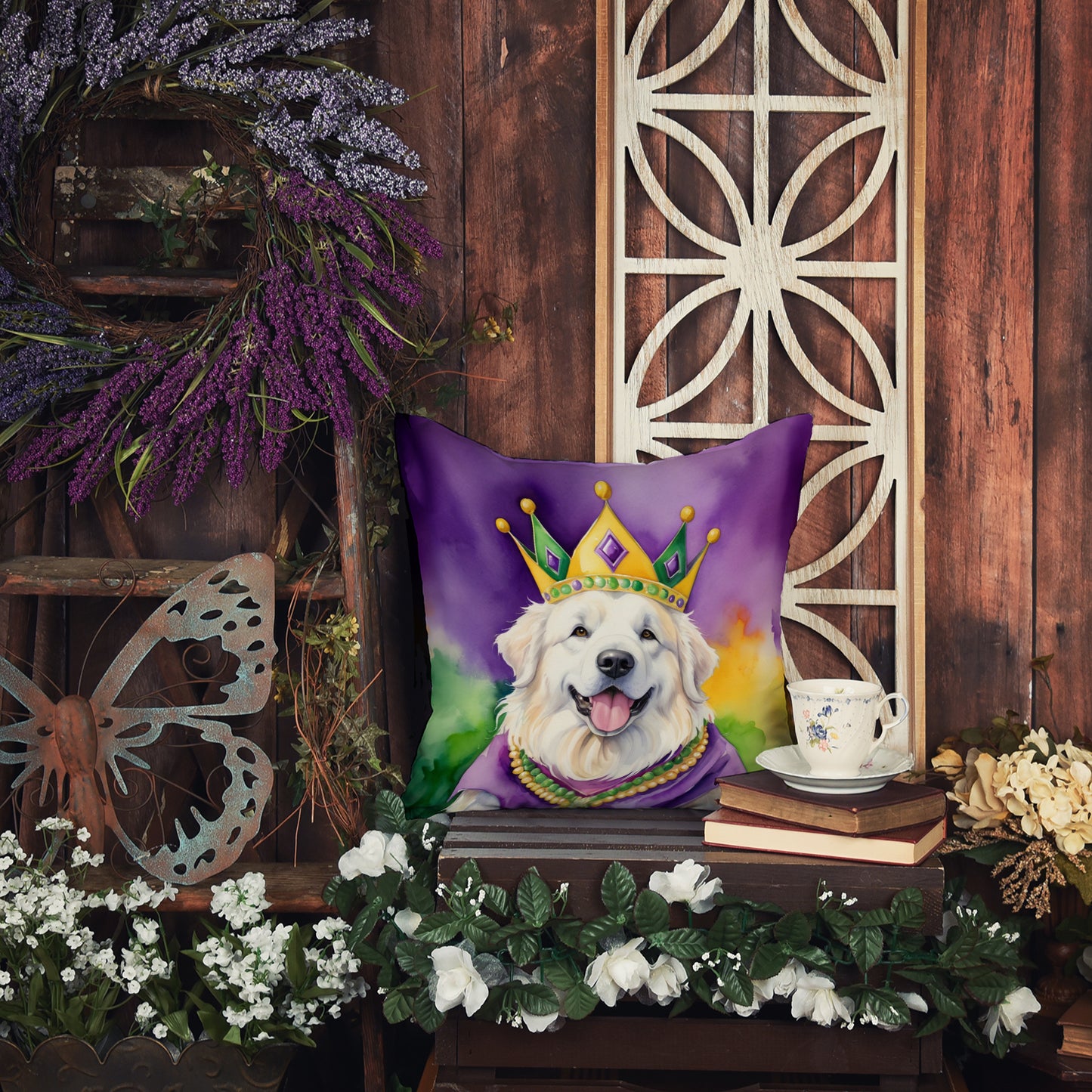 Great Pyrenees King of Mardi Gras Throw Pillow