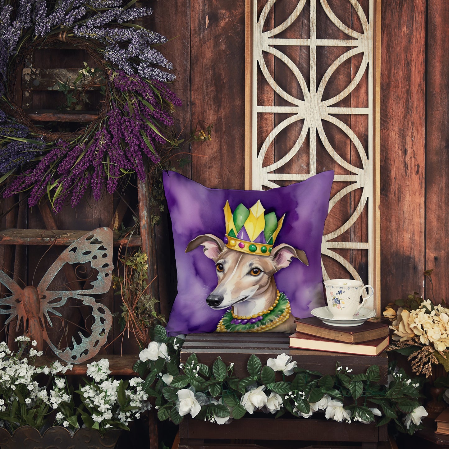 Greyhound King of Mardi Gras Throw Pillow