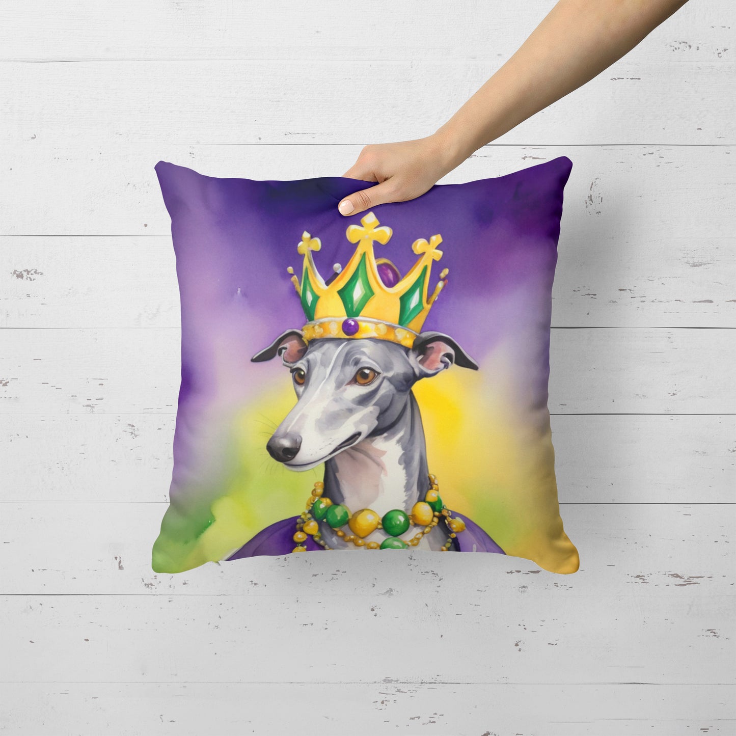 Greyhound King of Mardi Gras Throw Pillow