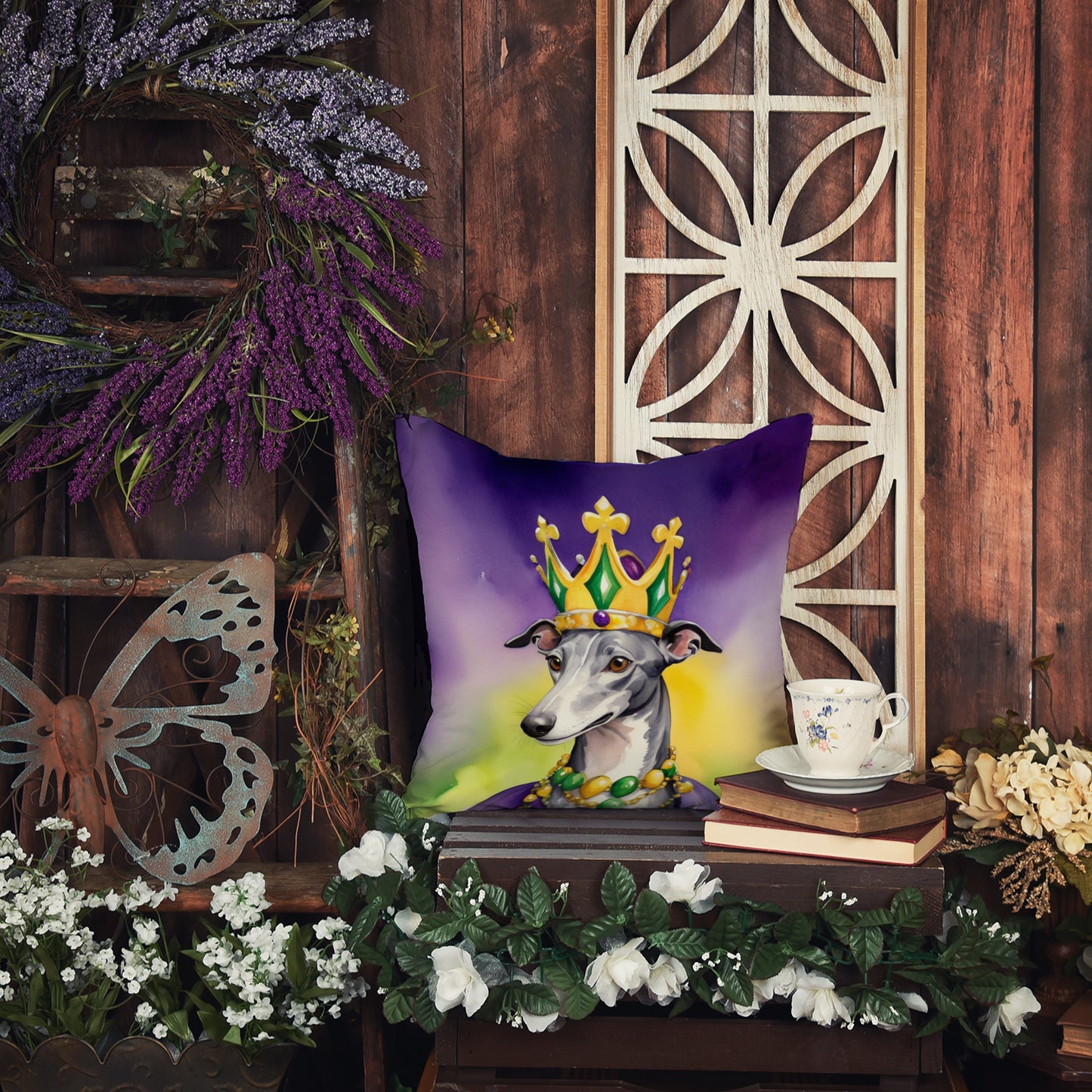 Greyhound King of Mardi Gras Throw Pillow