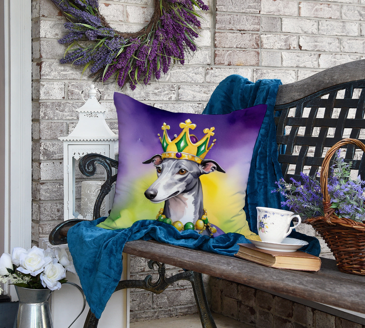 Greyhound King of Mardi Gras Throw Pillow