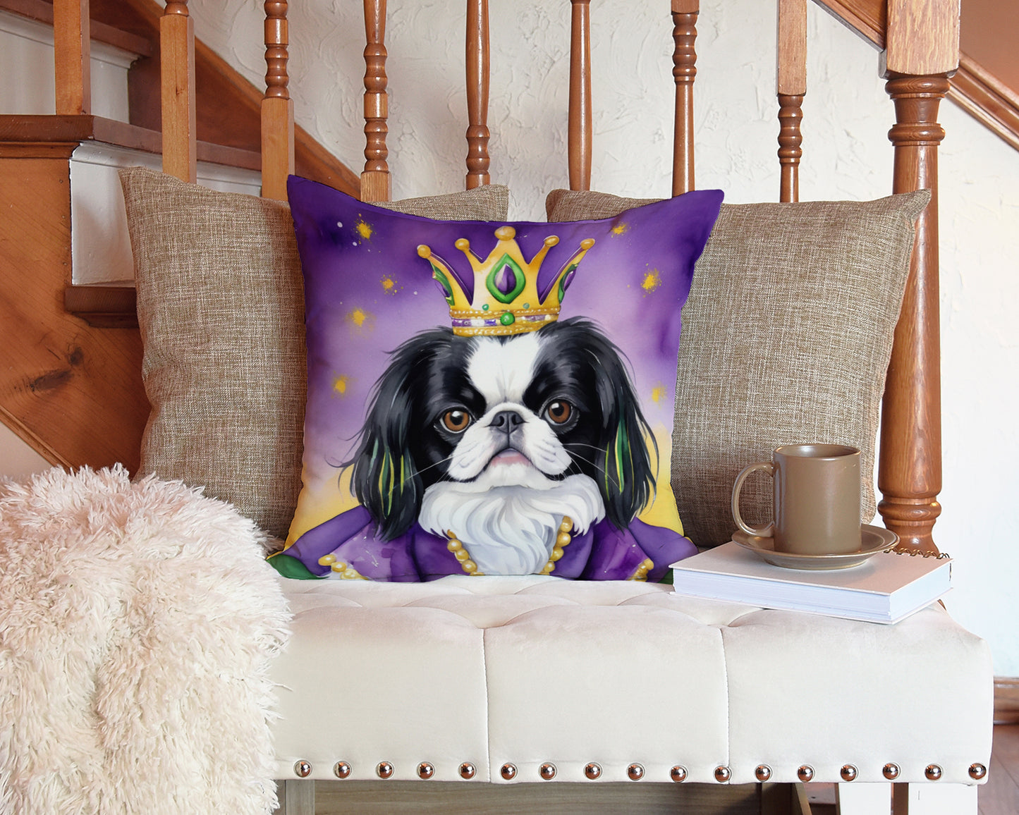 Japanese Chin King of Mardi Gras Throw Pillow