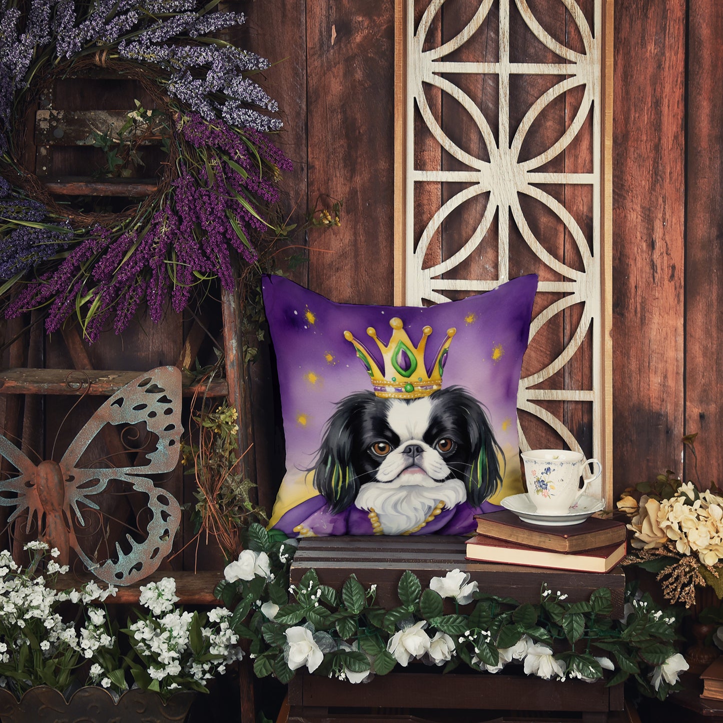 Japanese Chin King of Mardi Gras Throw Pillow