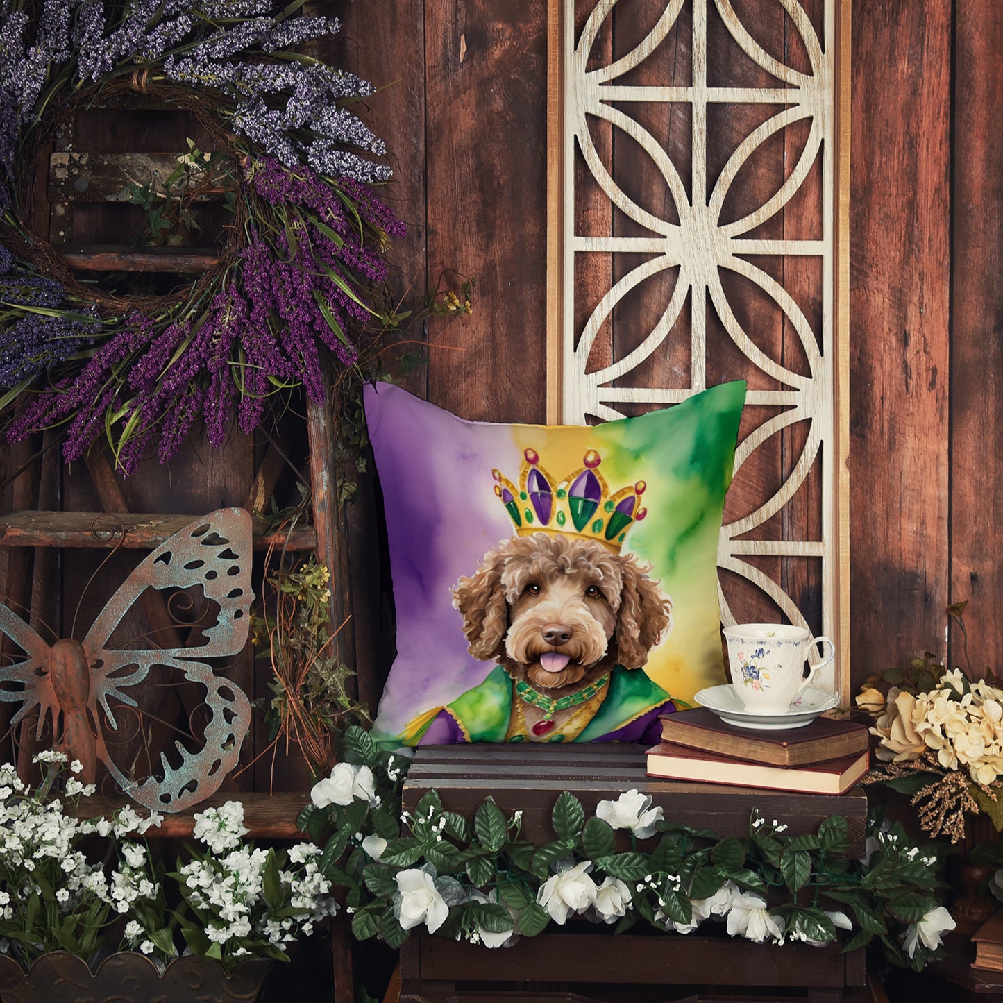 Labradoodle King of Mardi Gras Throw Pillow