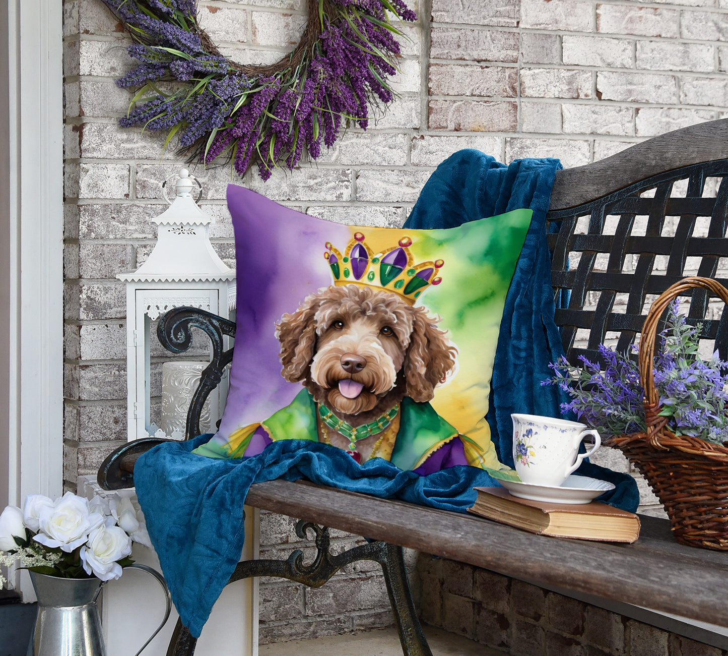 Labradoodle King of Mardi Gras Throw Pillow