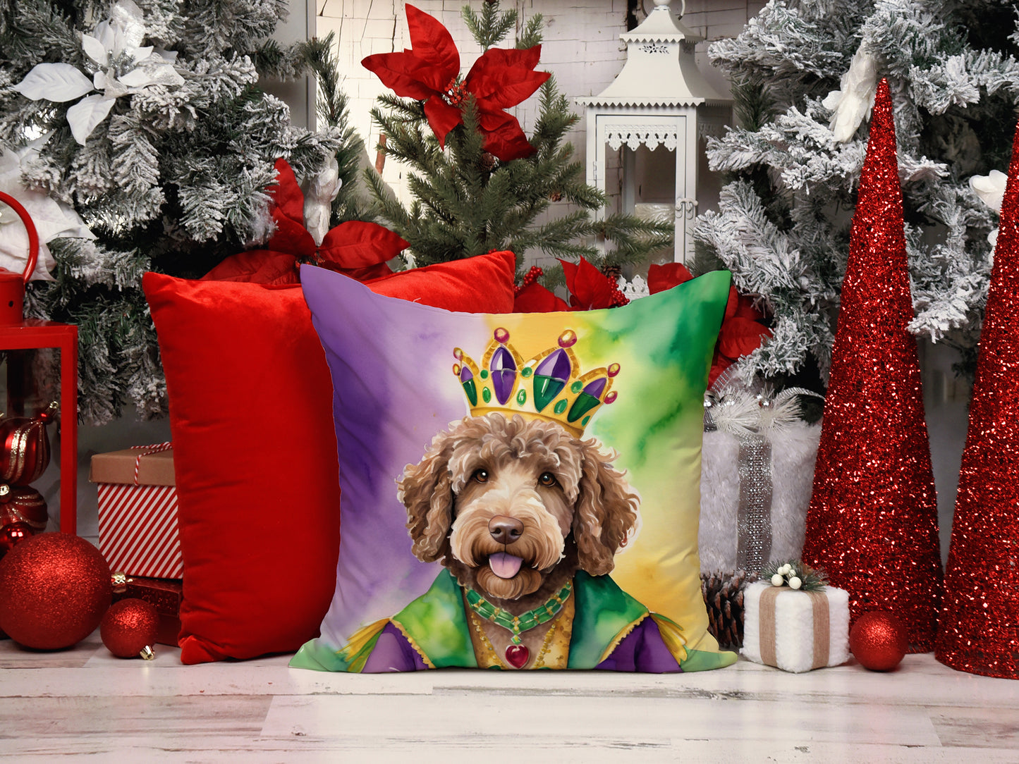 Labradoodle King of Mardi Gras Throw Pillow