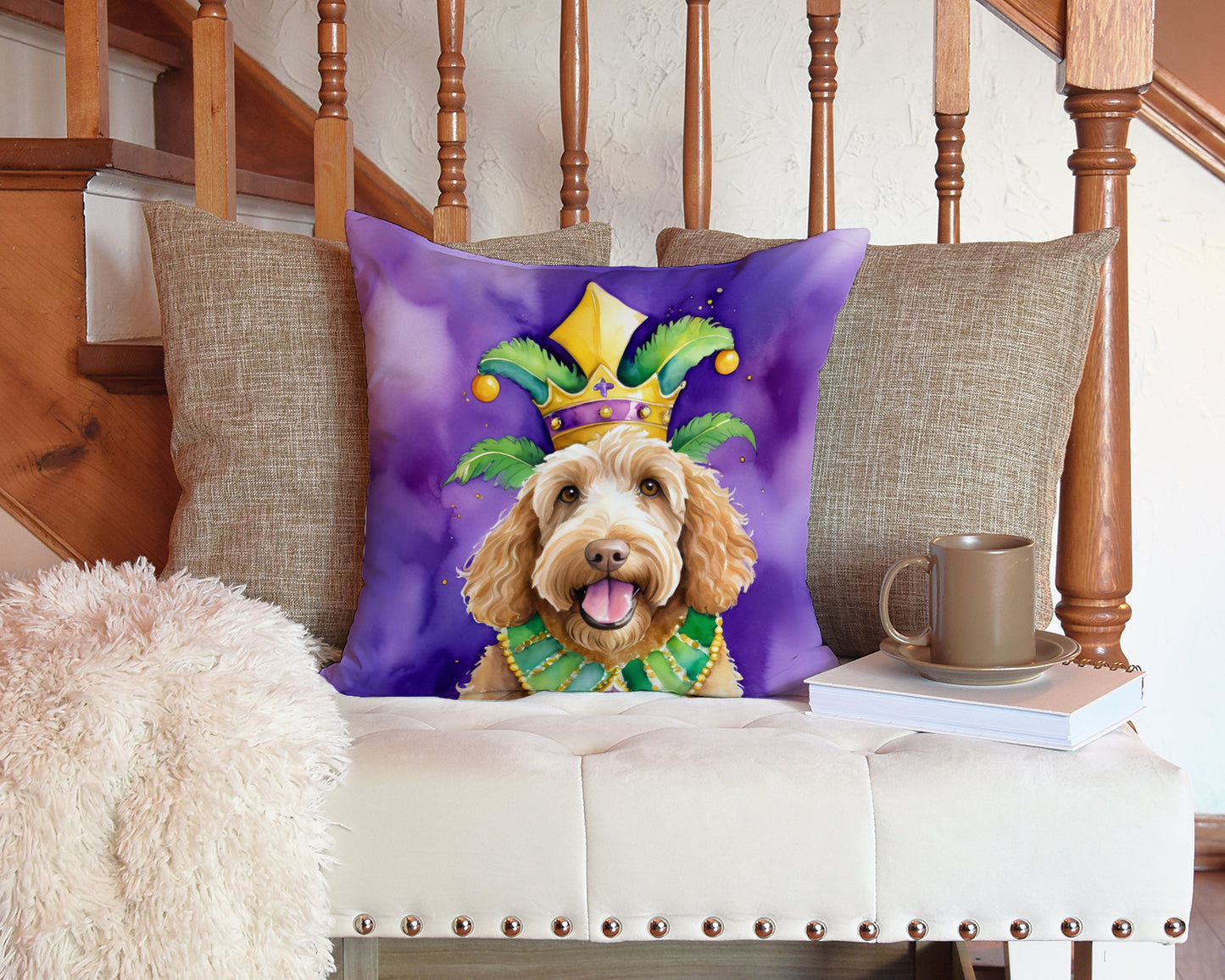 Labradoodle King of Mardi Gras Throw Pillow