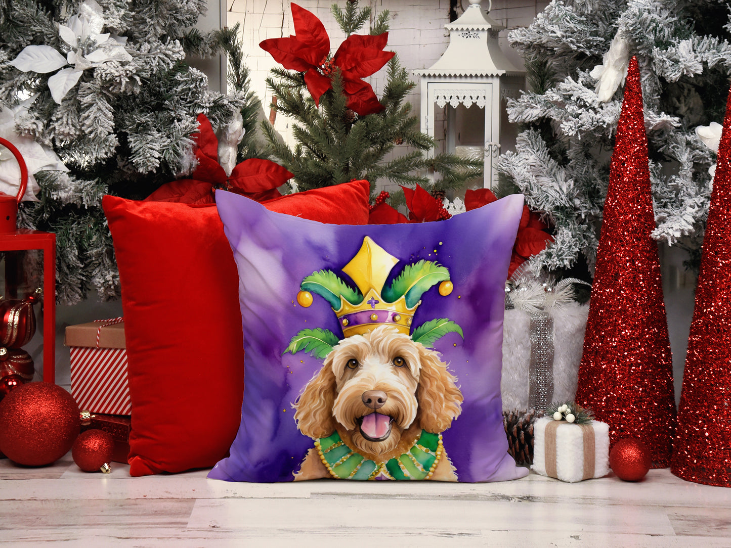 Labradoodle King of Mardi Gras Throw Pillow
