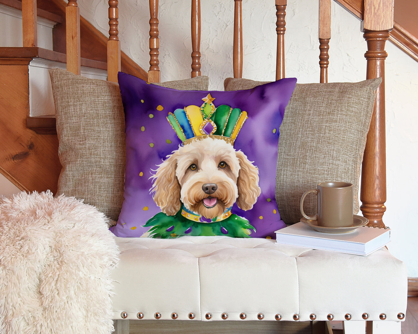 Labradoodle King of Mardi Gras Throw Pillow