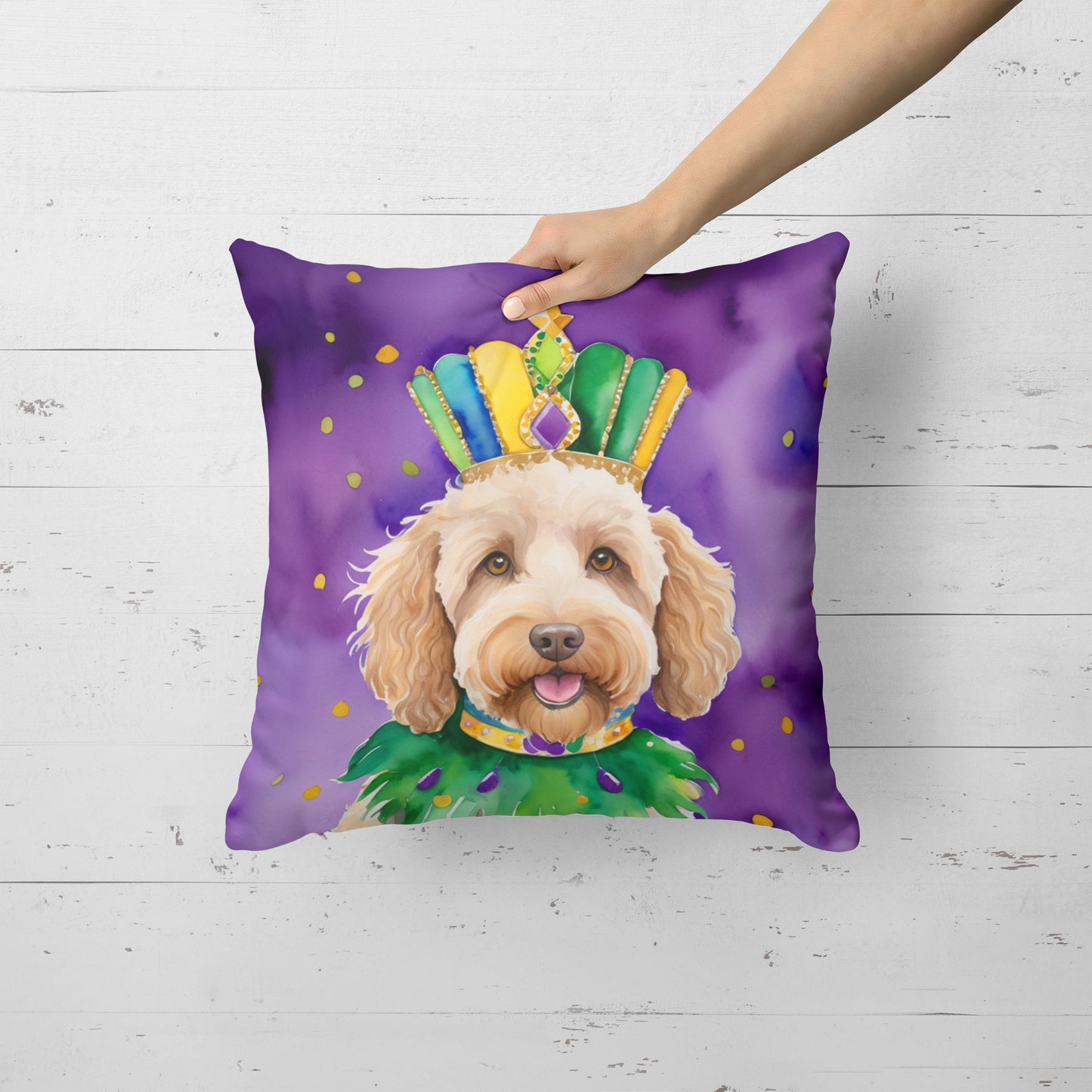 Labradoodle King of Mardi Gras Throw Pillow