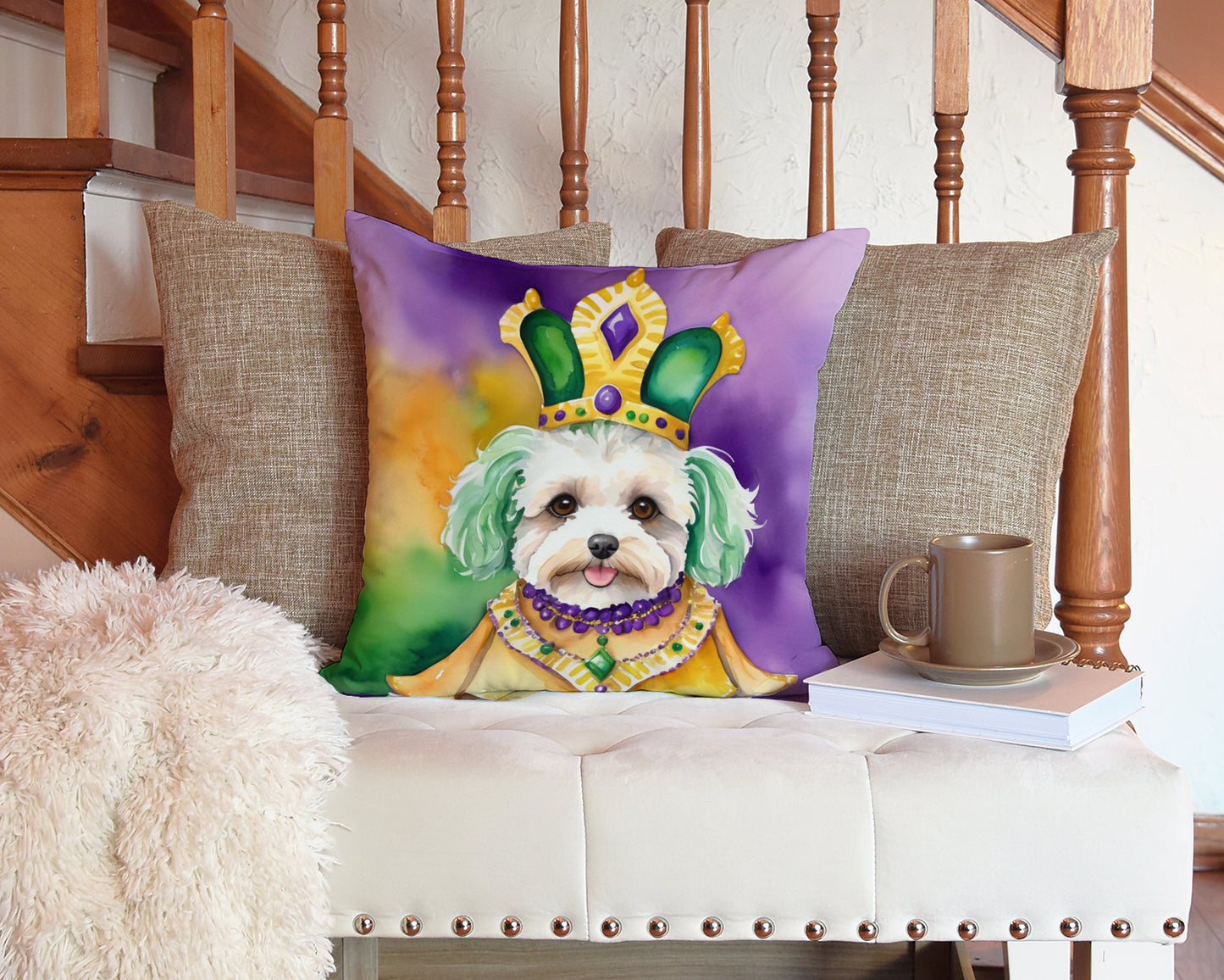 Maltipoo King of Mardi Gras Throw Pillow