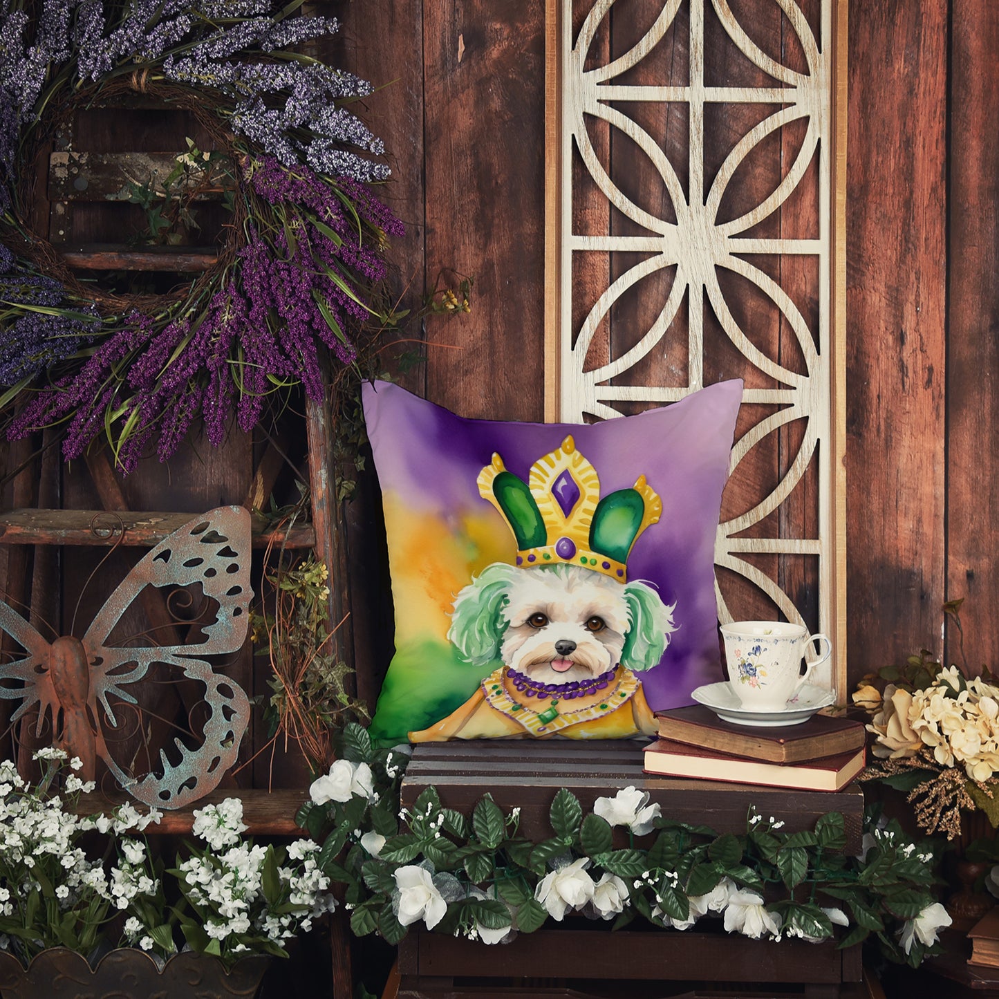 Maltipoo King of Mardi Gras Throw Pillow