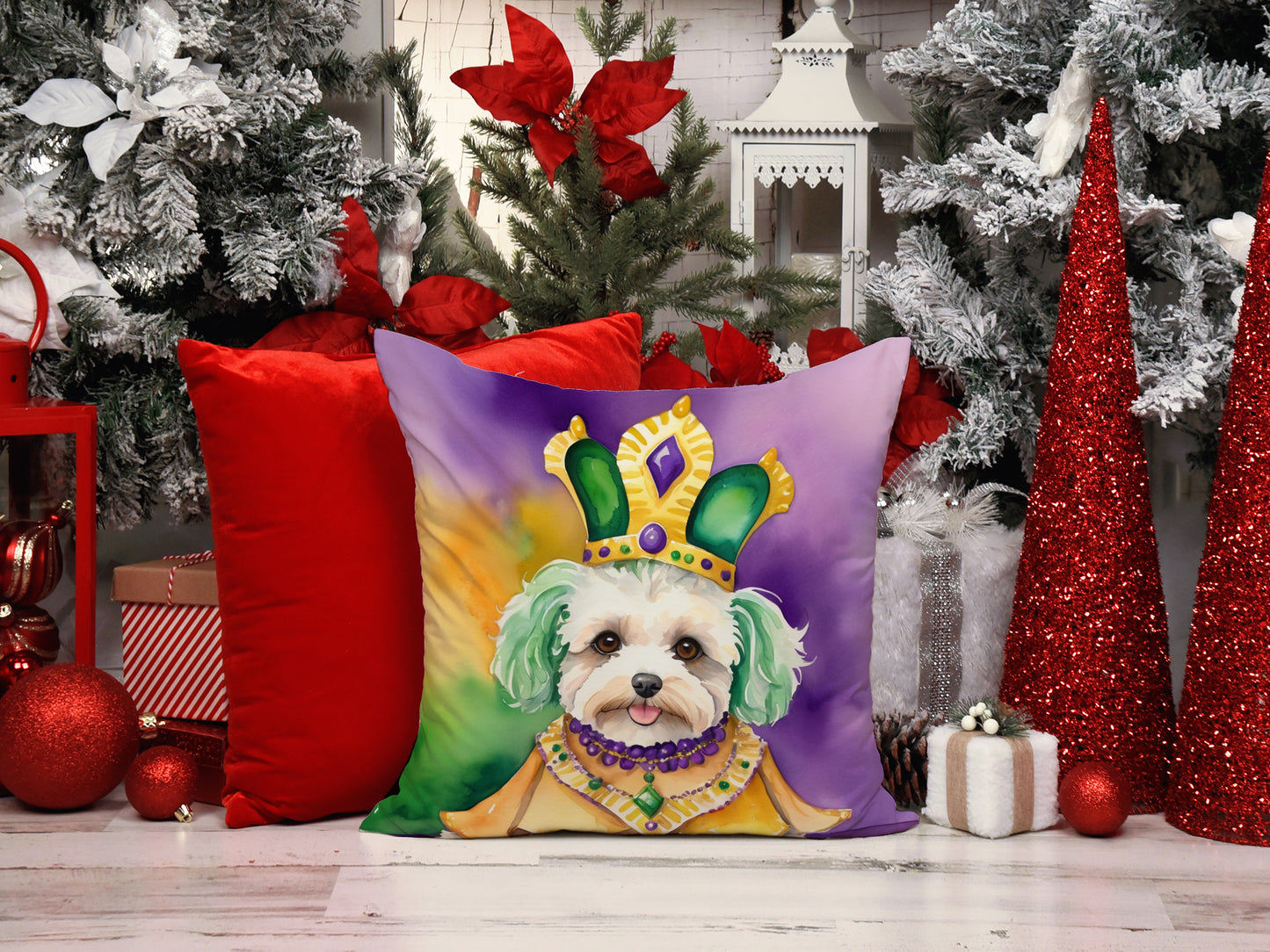 Maltipoo King of Mardi Gras Throw Pillow