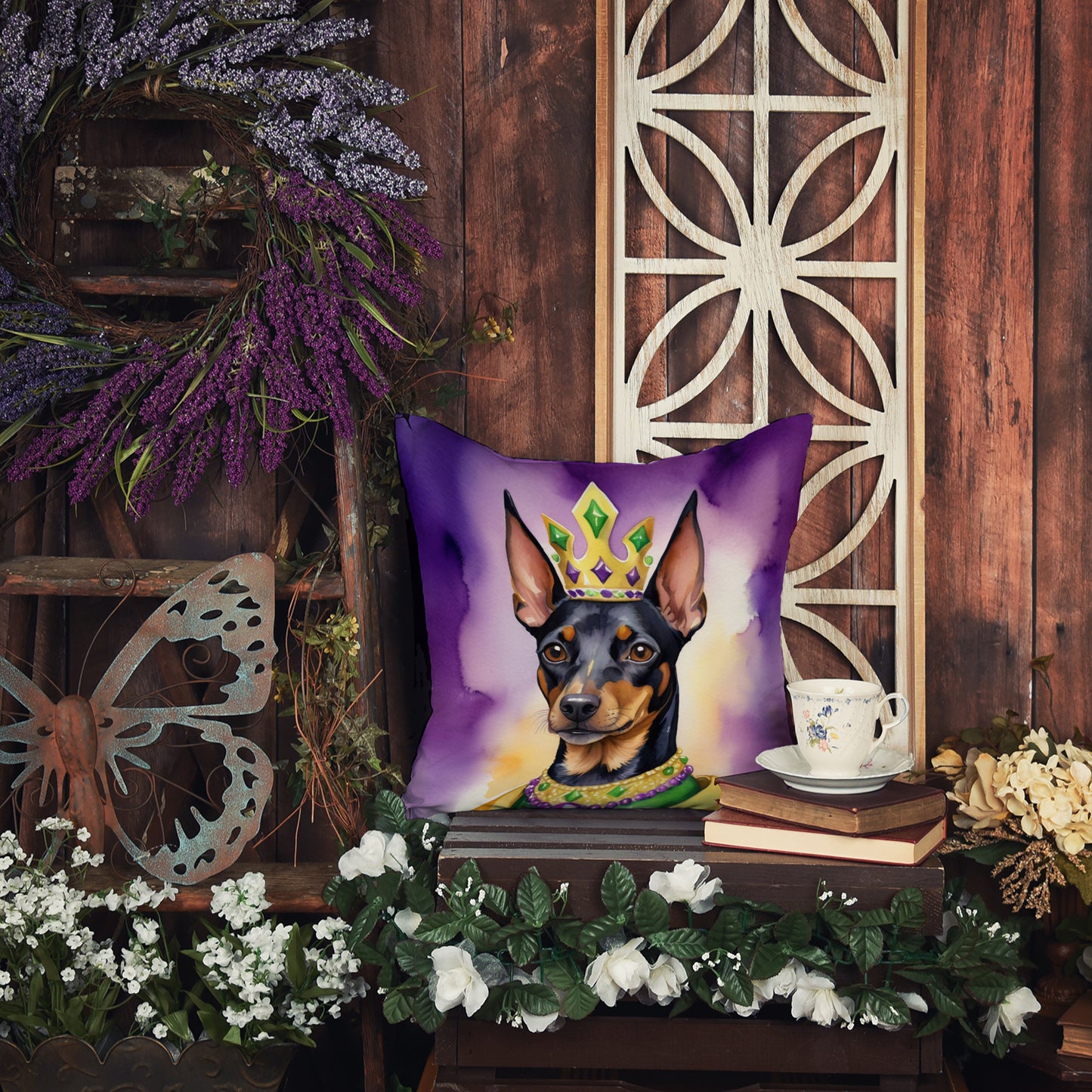 Manchester Terrier King of Mardi Gras Throw Pillow