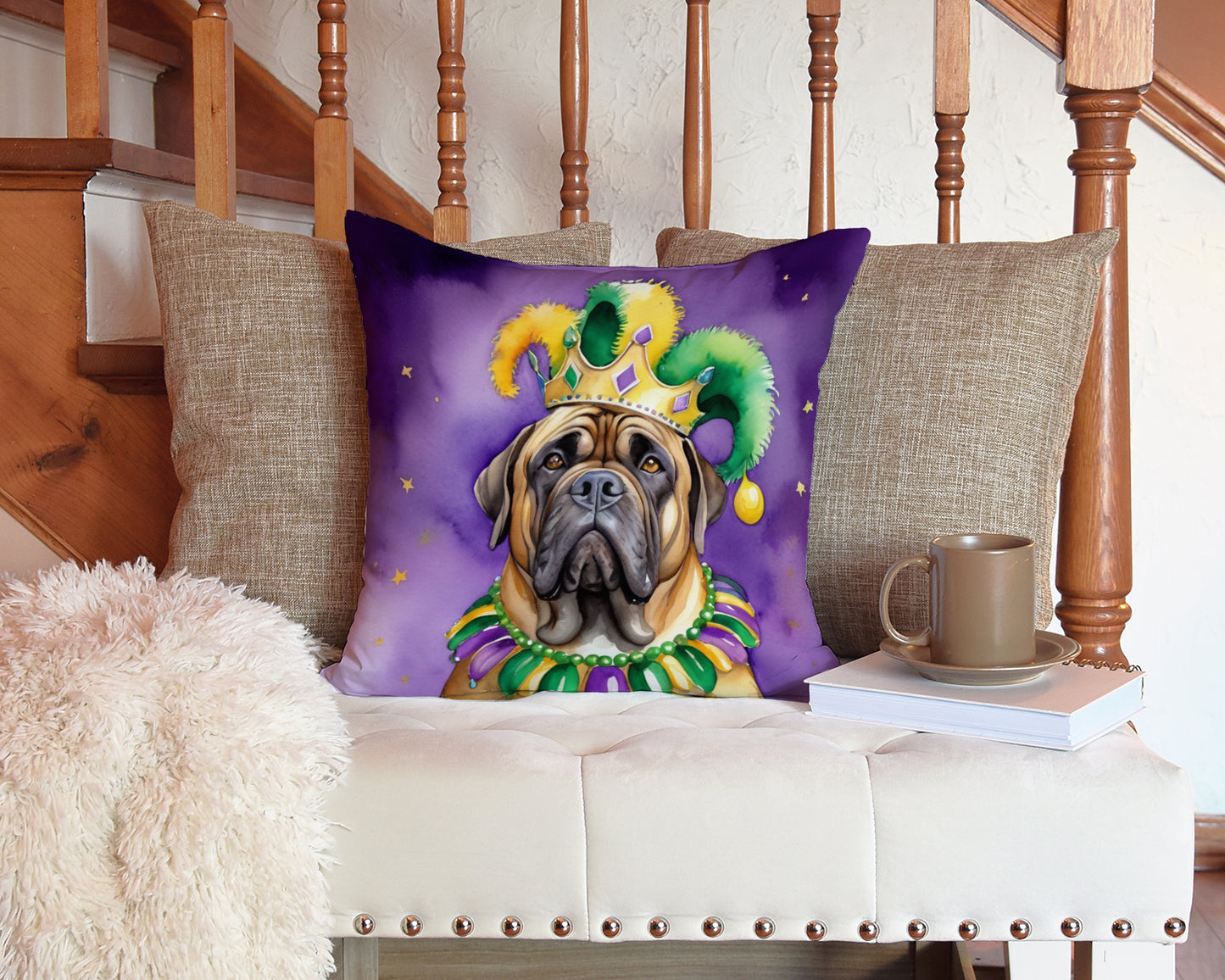 Mastiff King of Mardi Gras Throw Pillow