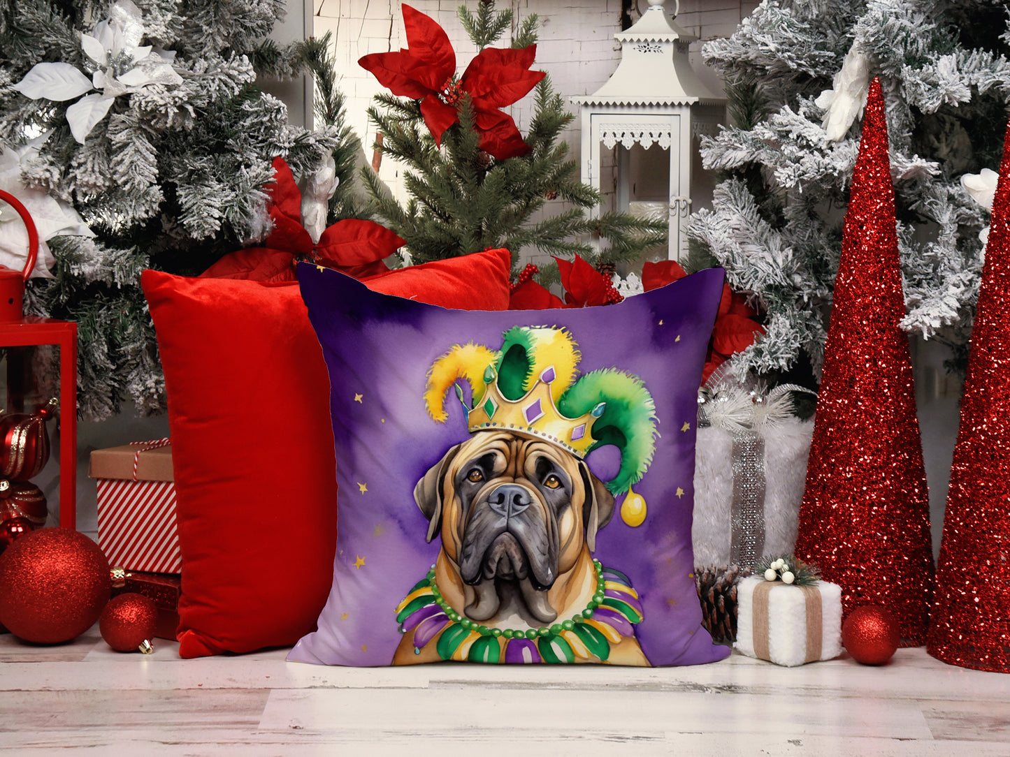 Mastiff King of Mardi Gras Throw Pillow