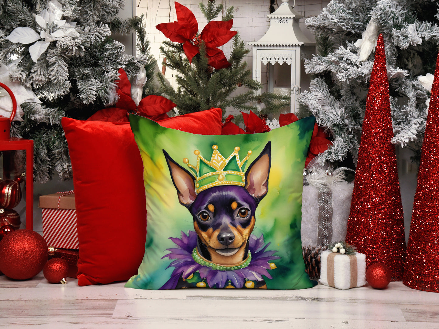 Miniature Pinscher King of Mardi Gras Throw Pillow