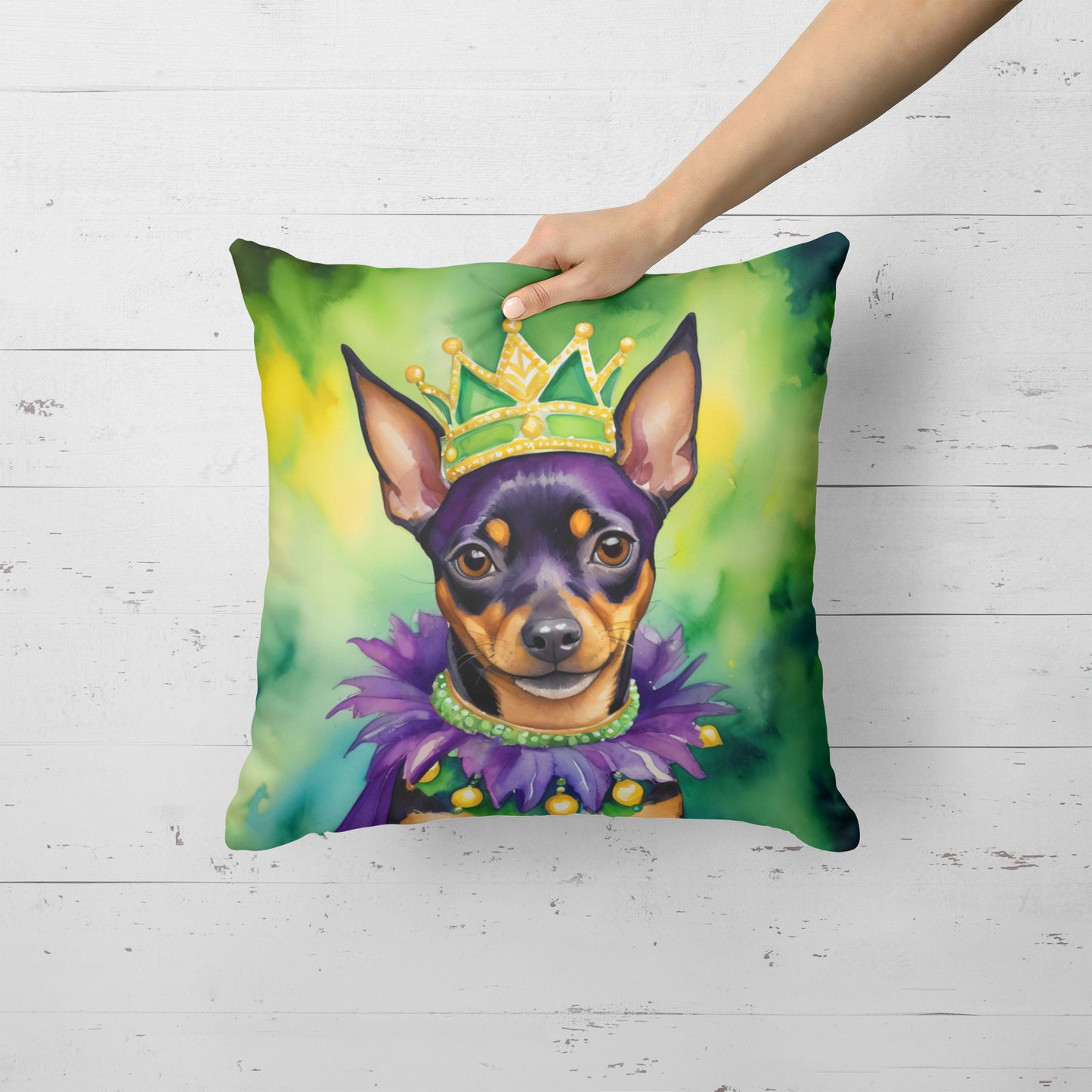 Miniature Pinscher King of Mardi Gras Throw Pillow