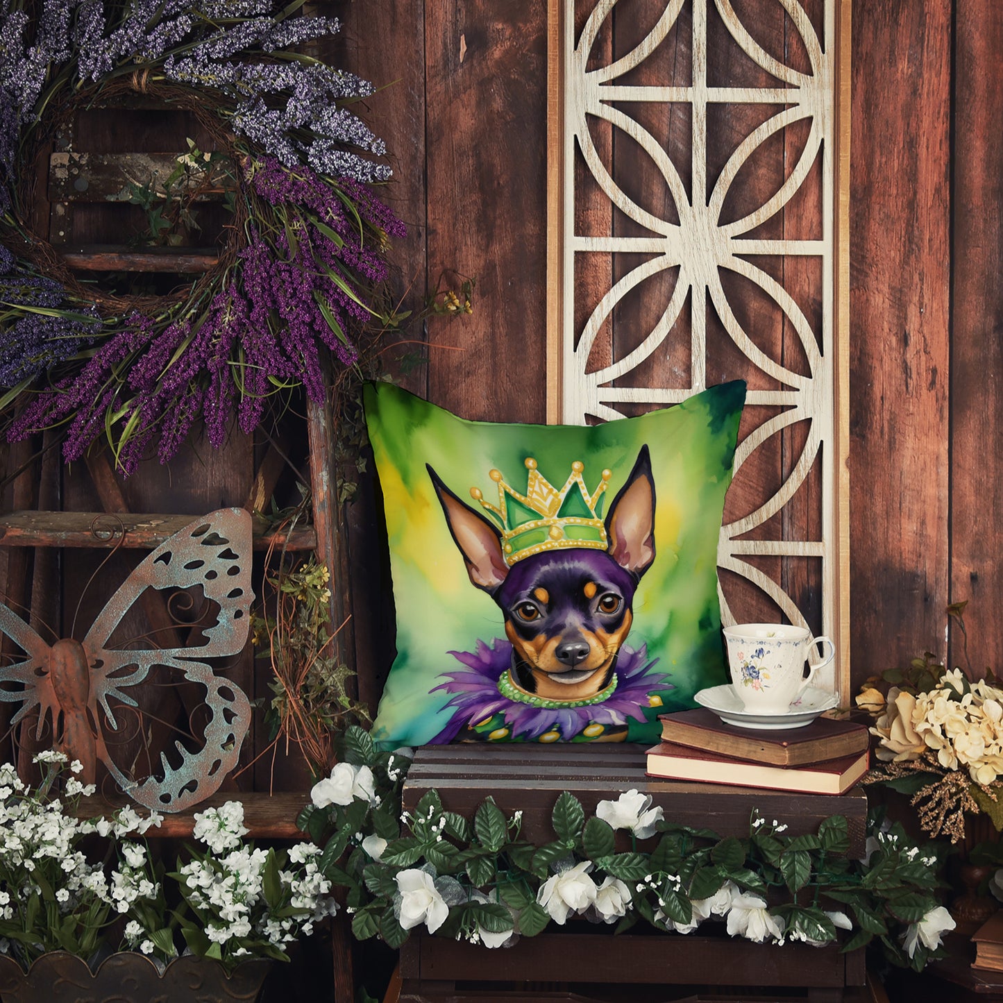 Miniature Pinscher King of Mardi Gras Throw Pillow