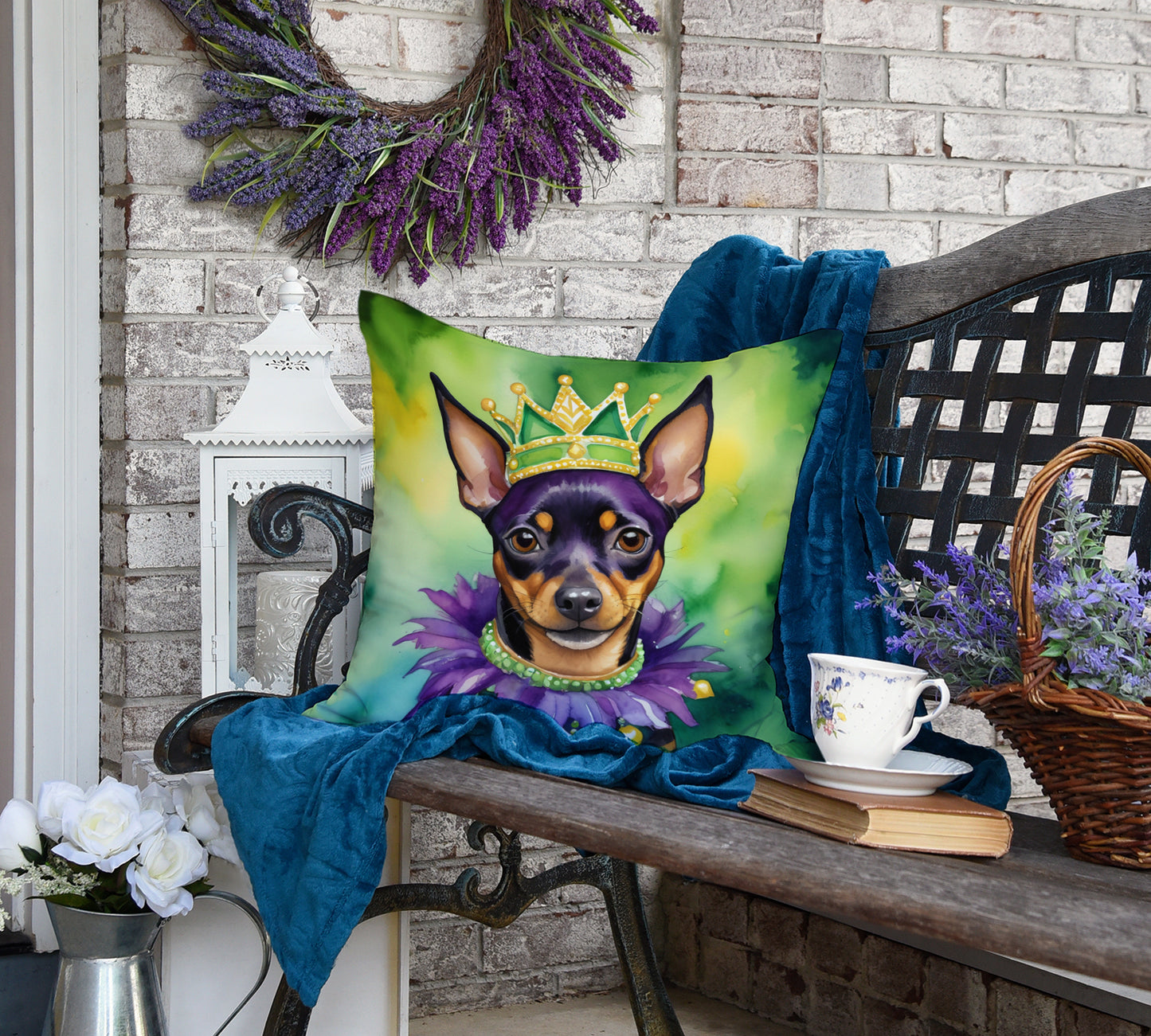 Miniature Pinscher King of Mardi Gras Throw Pillow