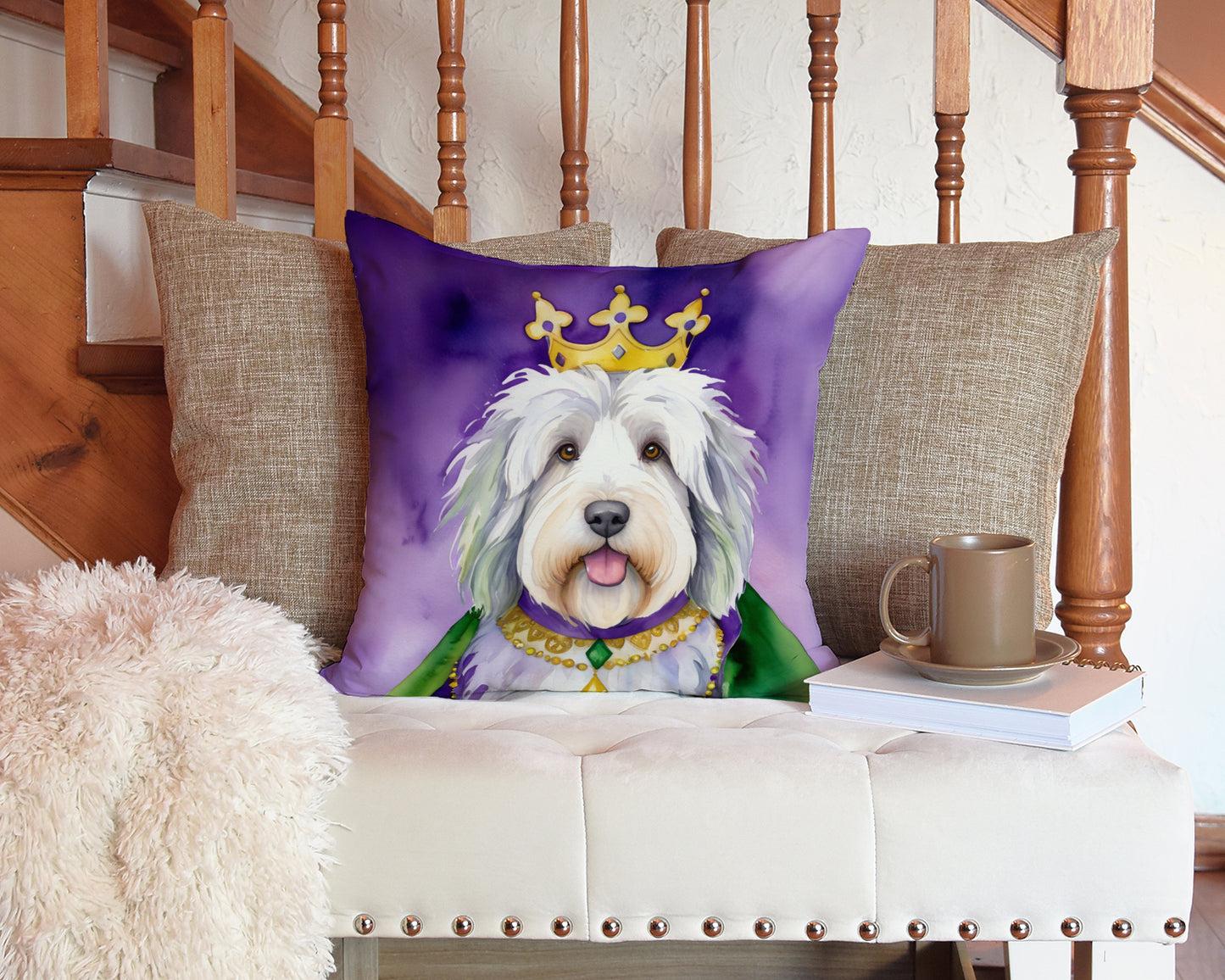 Old English Sheepdog King of Mardi Gras Throw Pillow