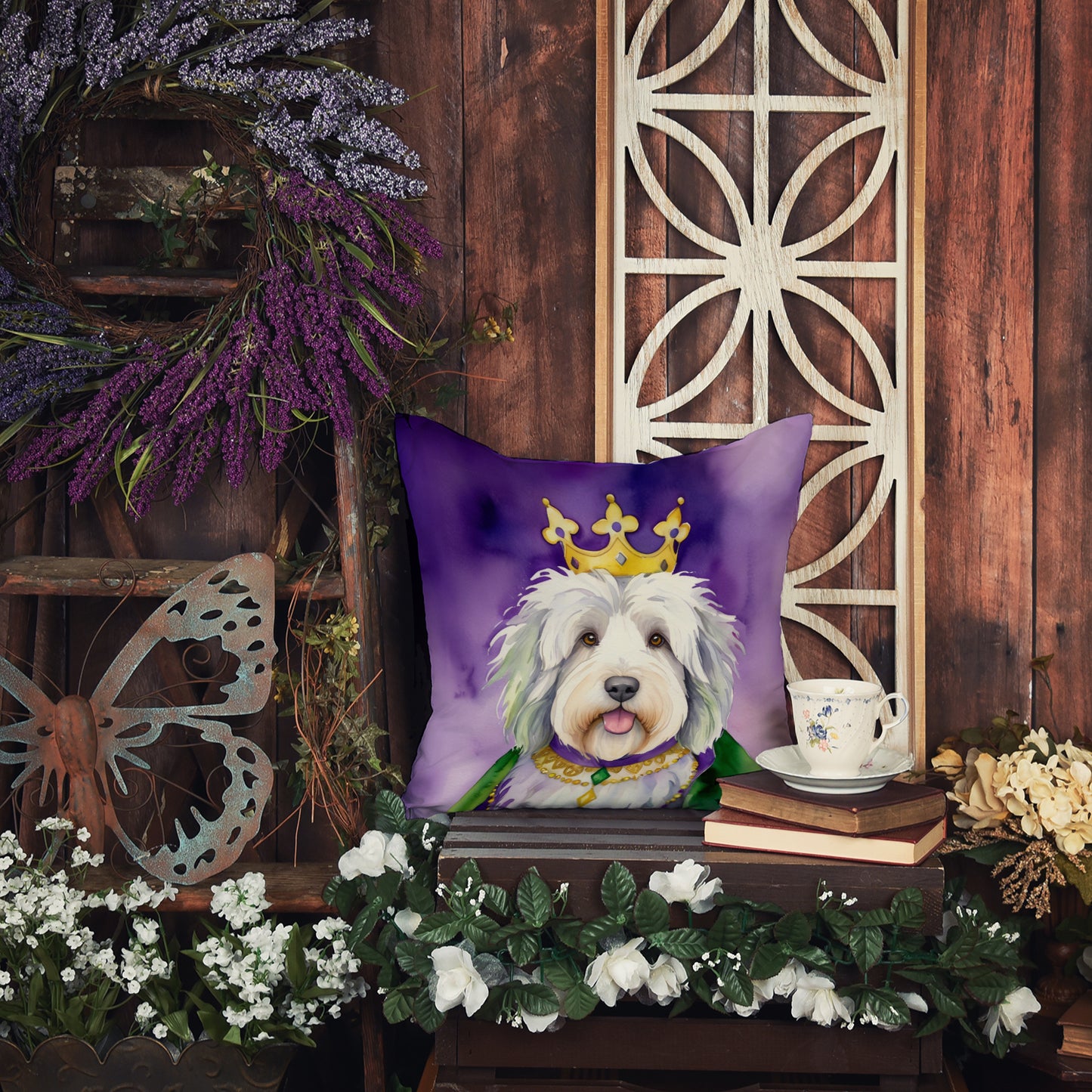 Old English Sheepdog King of Mardi Gras Throw Pillow
