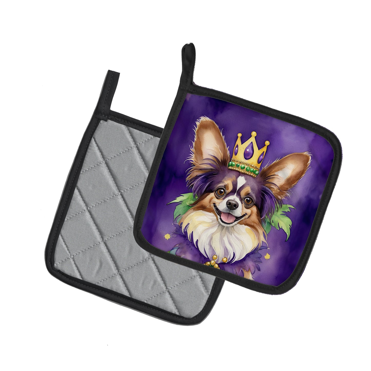 Papillon King of Mardi Gras Pair of Pot Holders