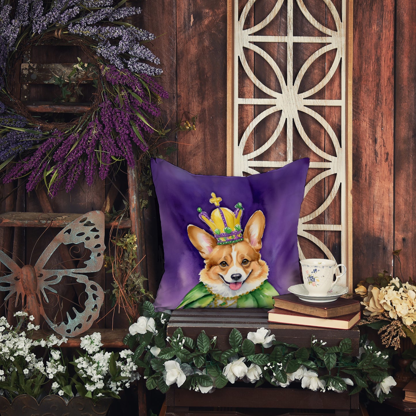 Corgi King of Mardi Gras Throw Pillow