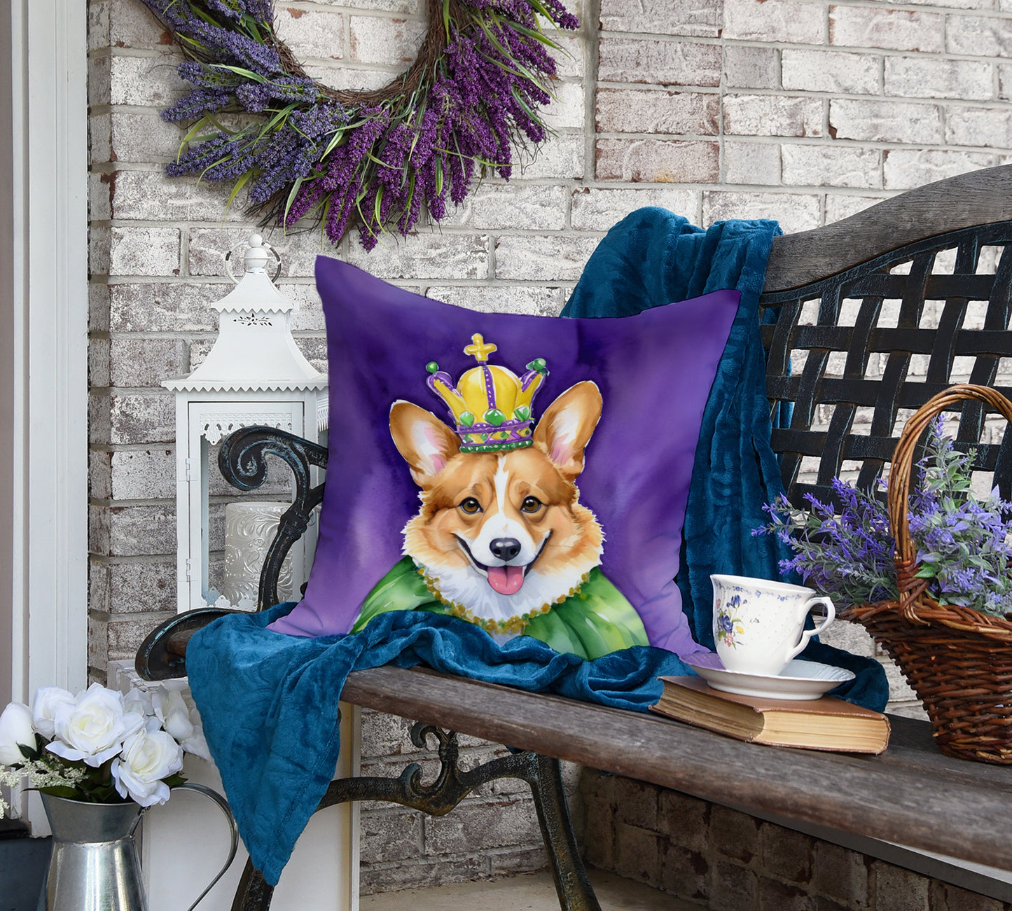 Corgi King of Mardi Gras Throw Pillow