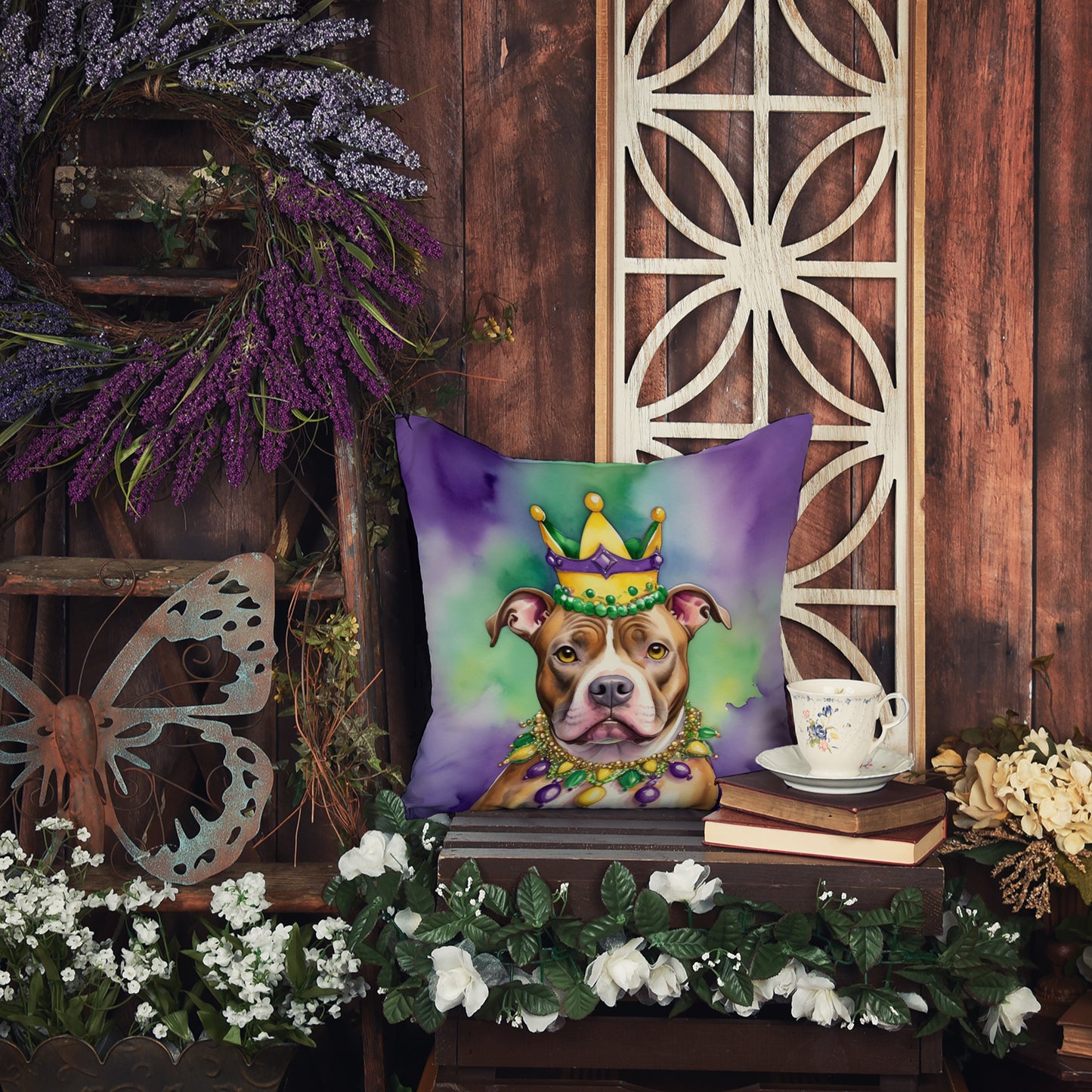 Pit Bull Terrier King of Mardi Gras Throw Pillow