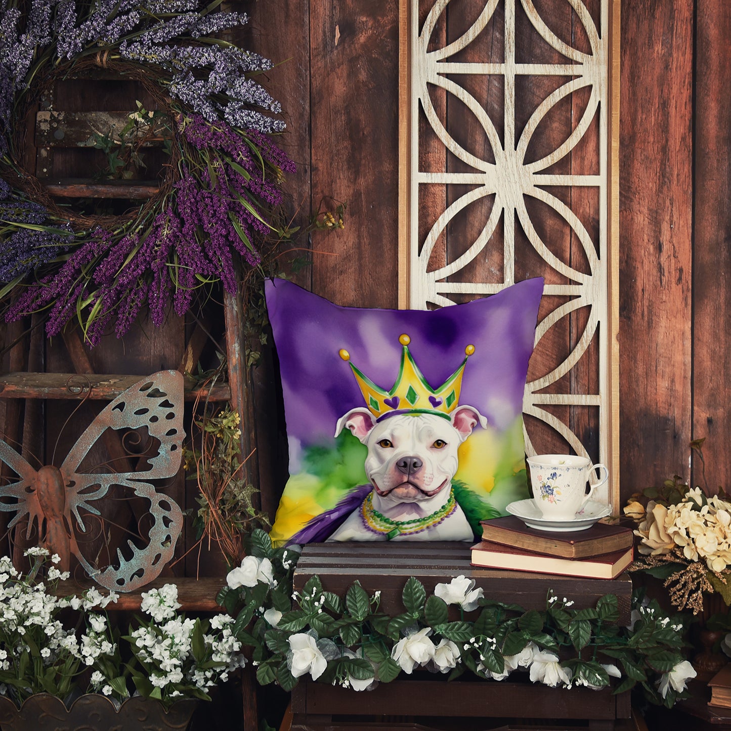 Pit Bull Terrier King of Mardi Gras Throw Pillow