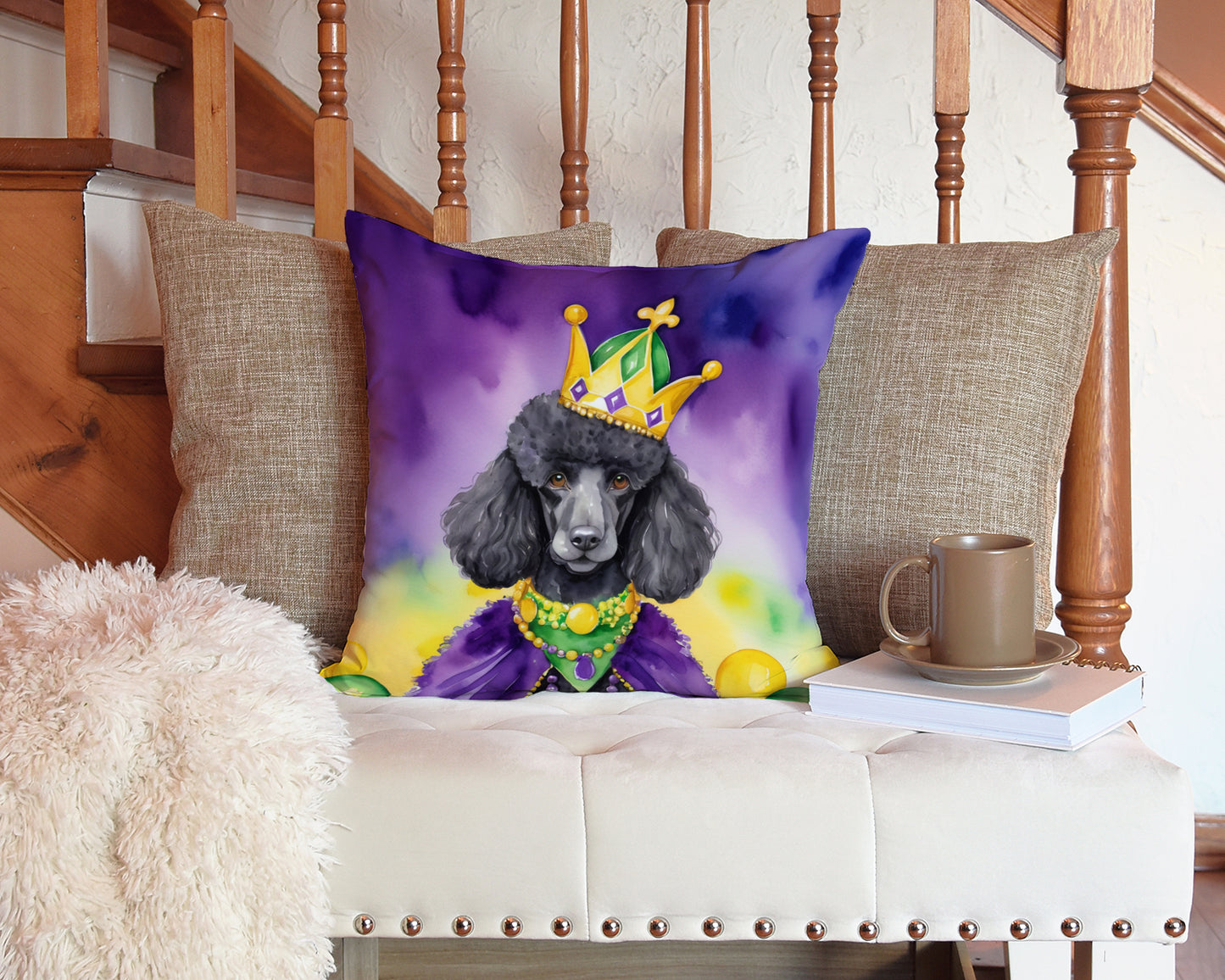 Black Poodle King of Mardi Gras Throw Pillow
