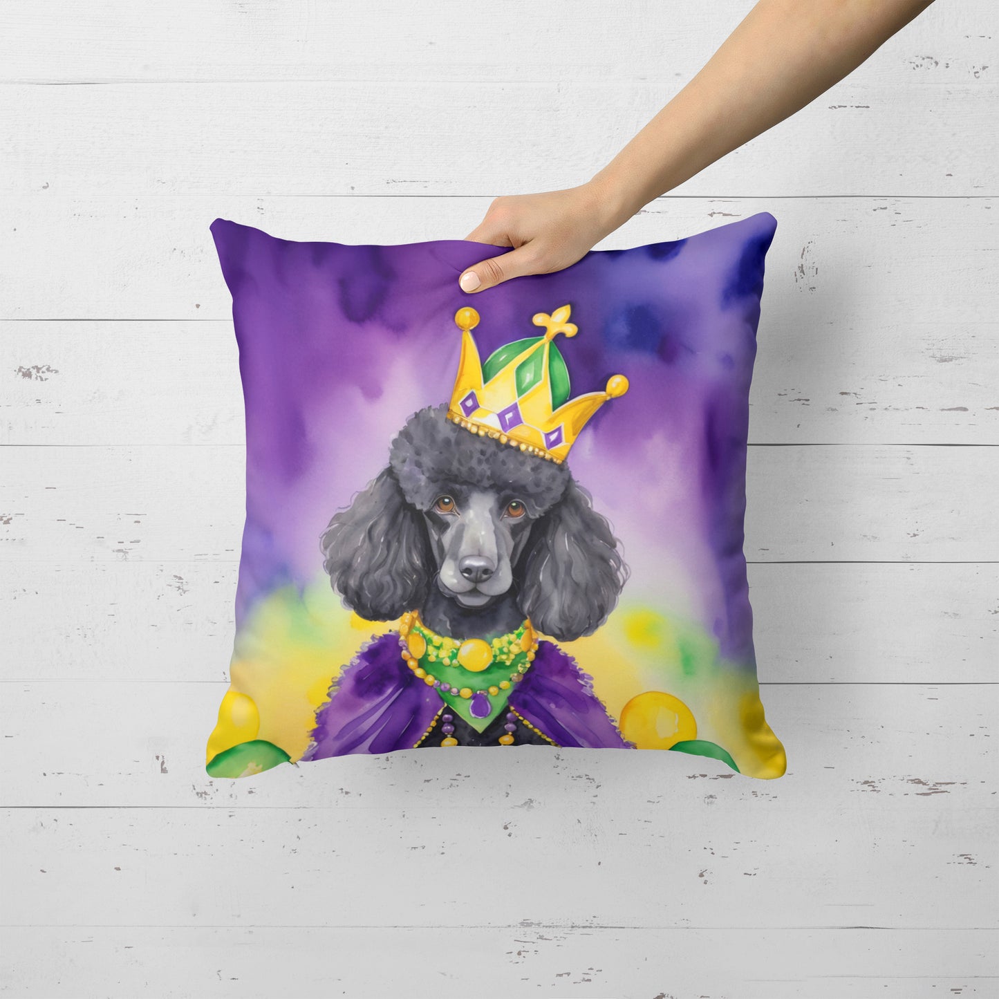 Black Poodle King of Mardi Gras Throw Pillow