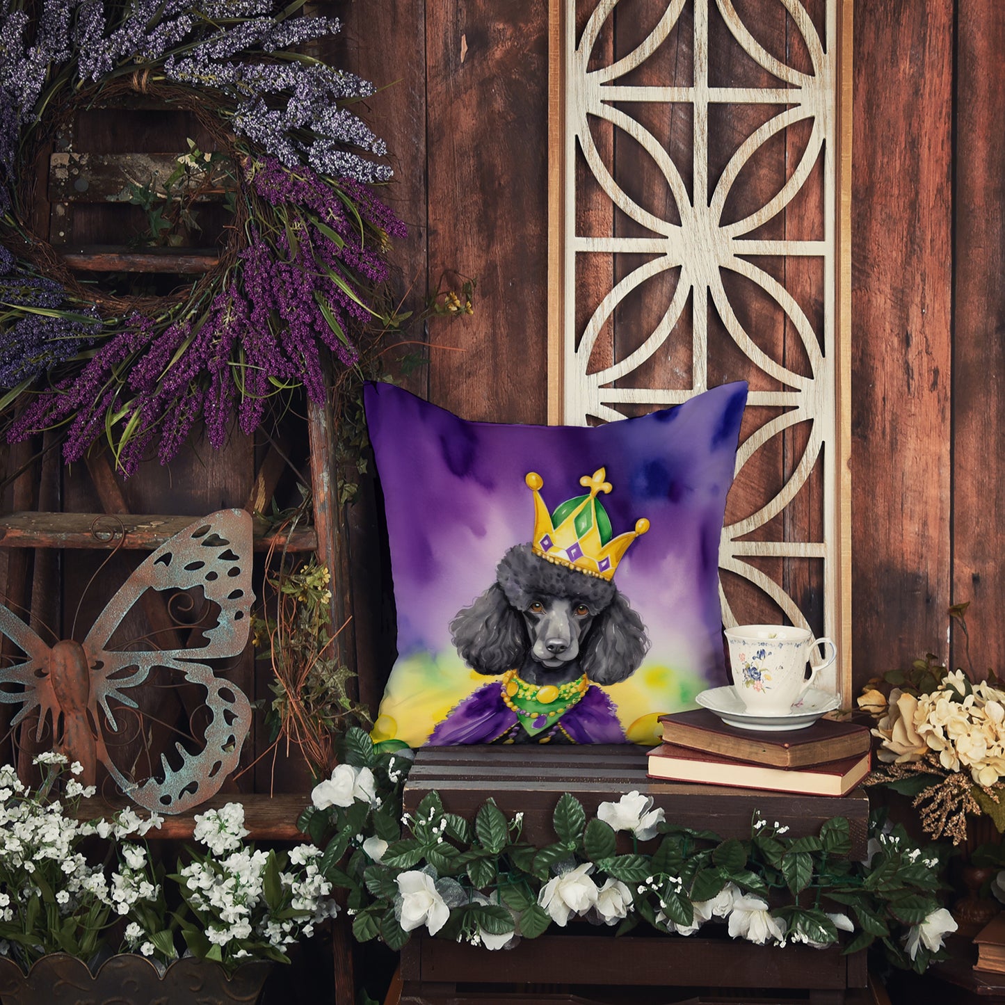 Black Poodle King of Mardi Gras Throw Pillow