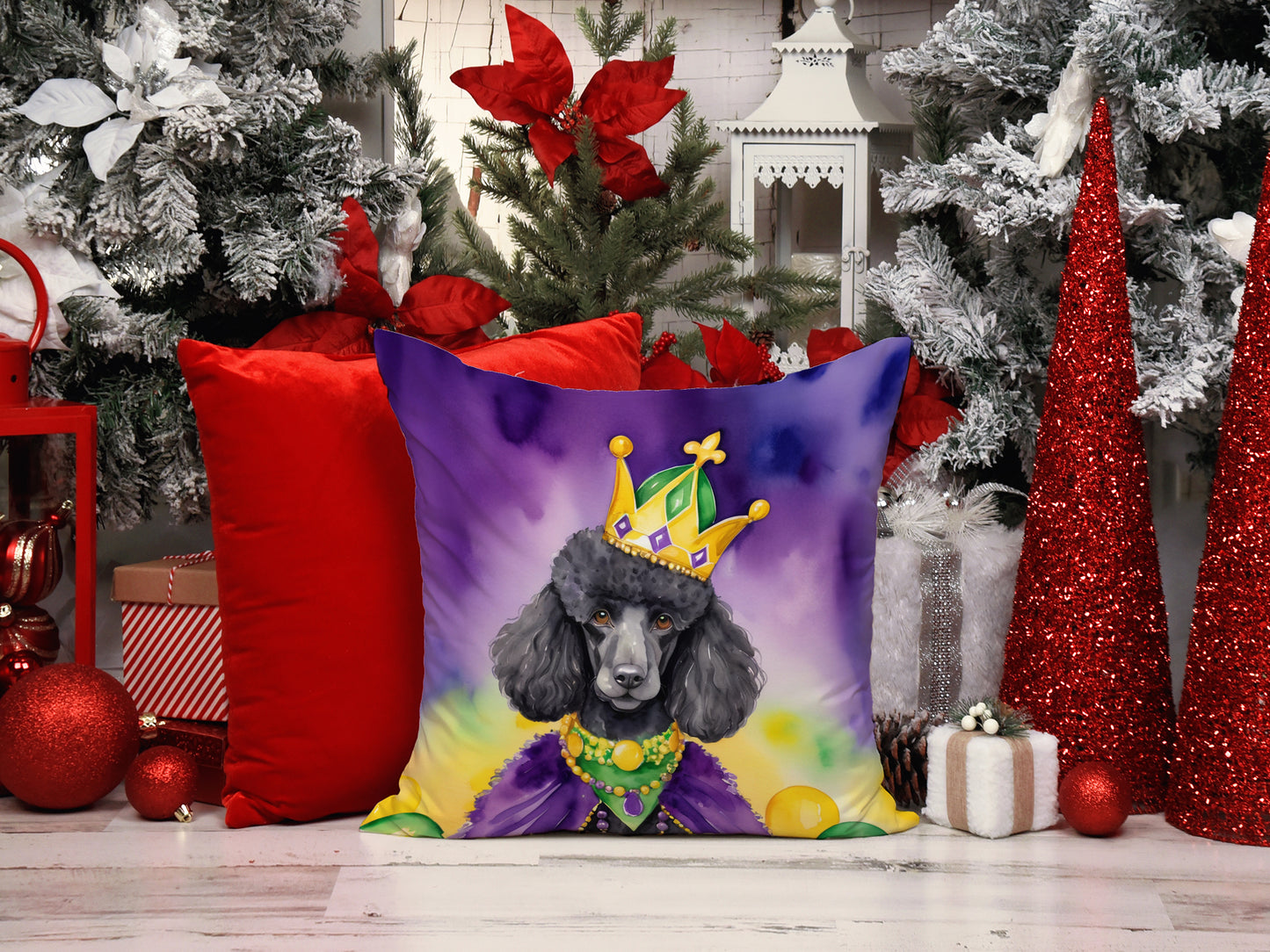 Black Poodle King of Mardi Gras Throw Pillow