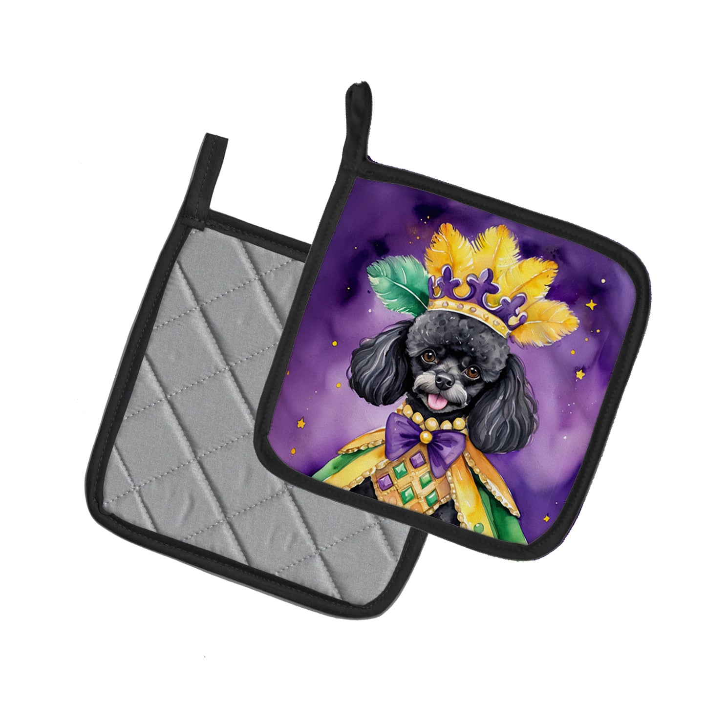 Black Poodle King of Mardi Gras Pair of Pot Holders