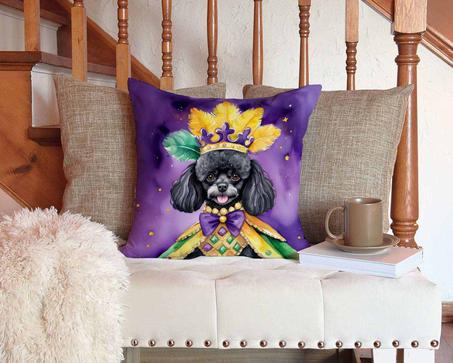 Black Poodle King of Mardi Gras Throw Pillow