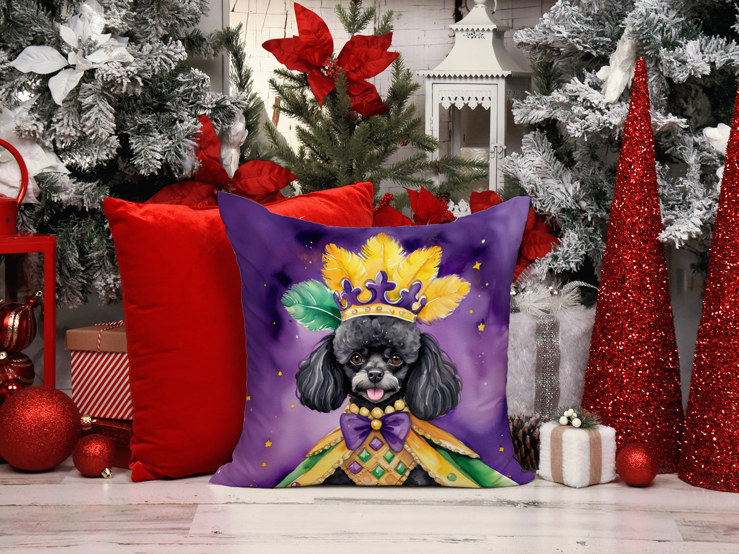 Black Poodle King of Mardi Gras Throw Pillow