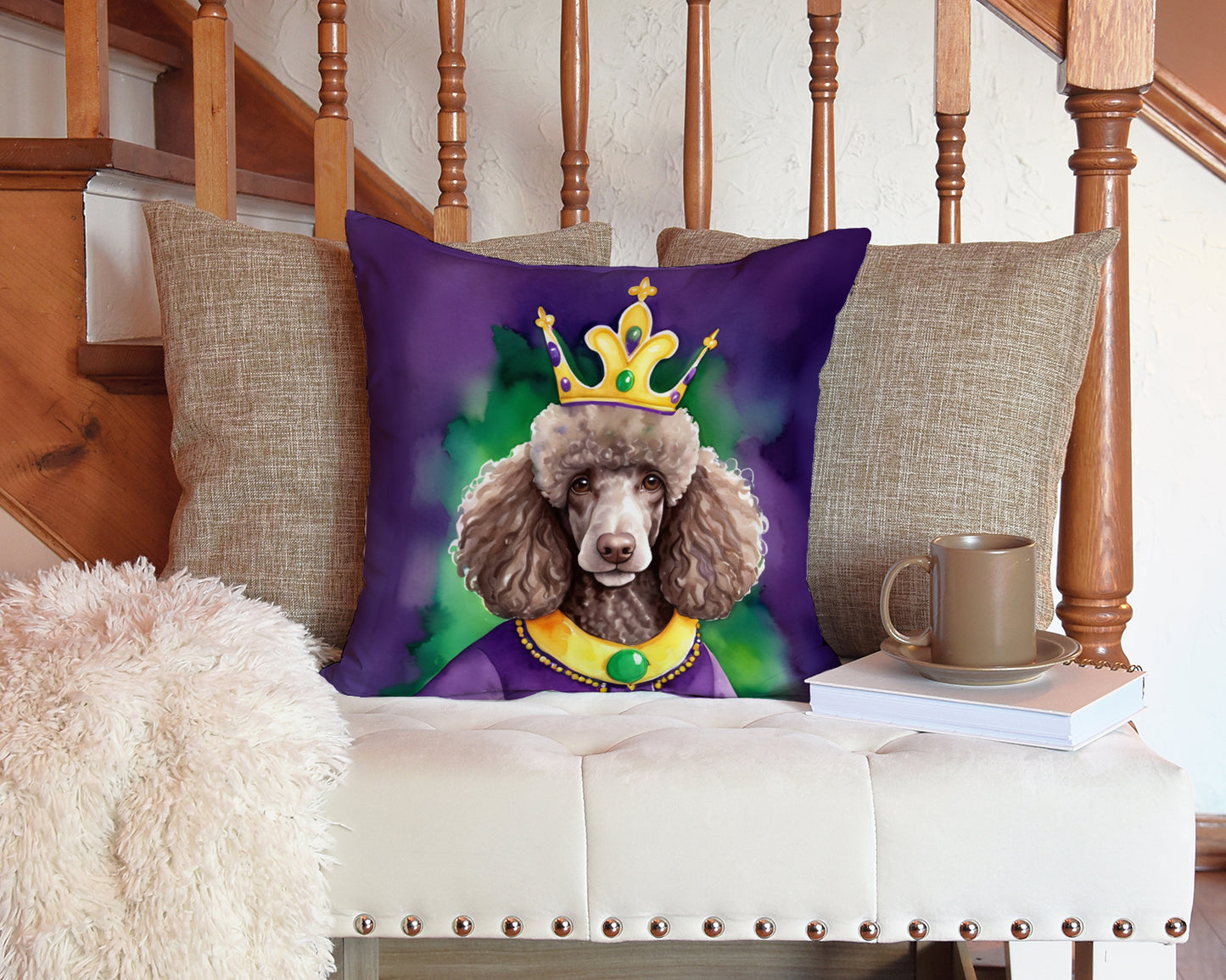 Chocolate Poodle King of Mardi Gras Throw Pillow