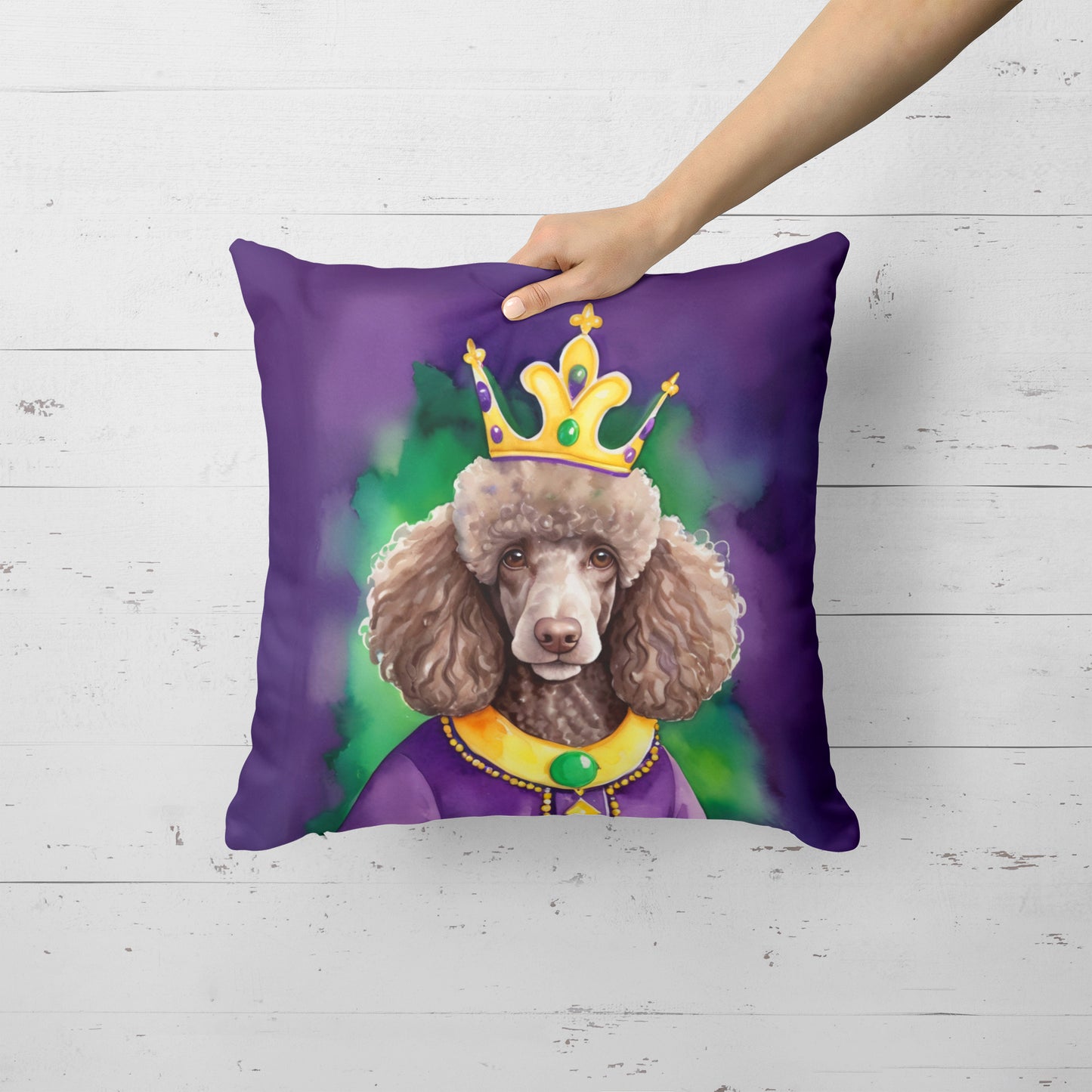 Chocolate Poodle King of Mardi Gras Throw Pillow