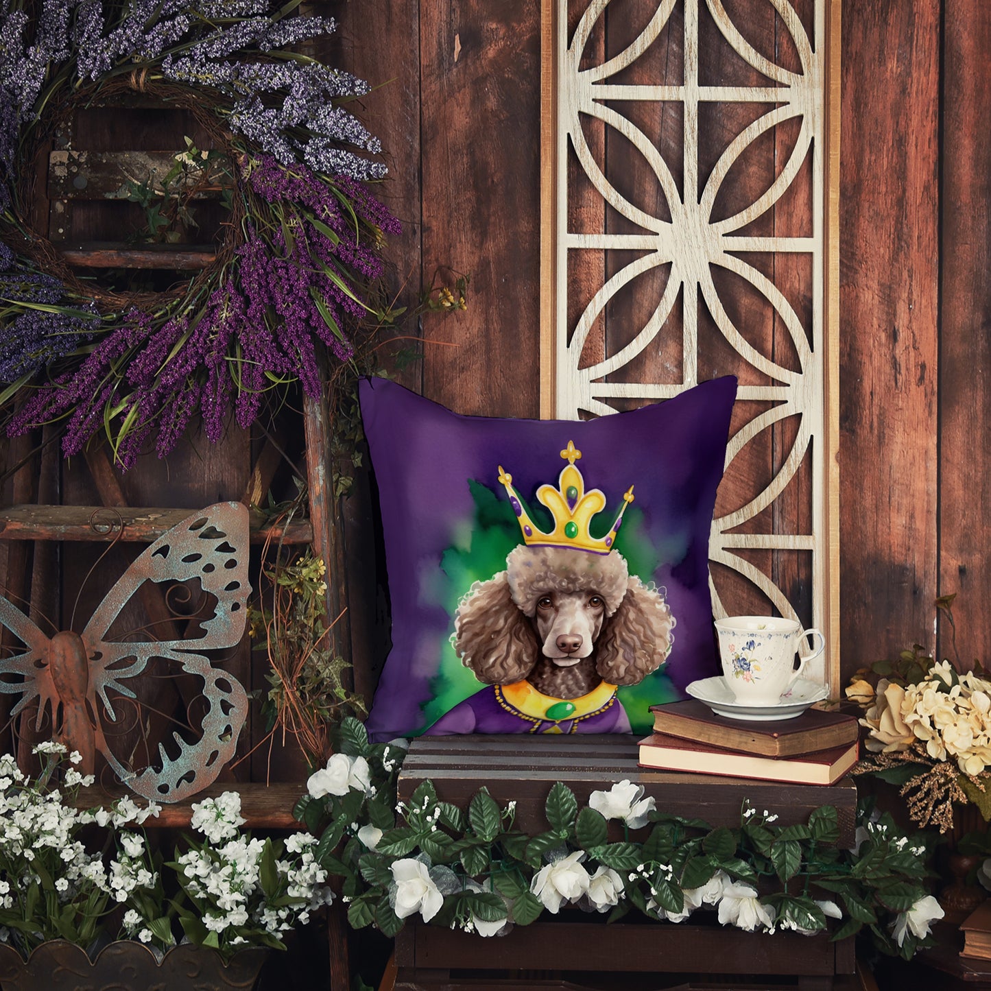 Chocolate Poodle King of Mardi Gras Throw Pillow