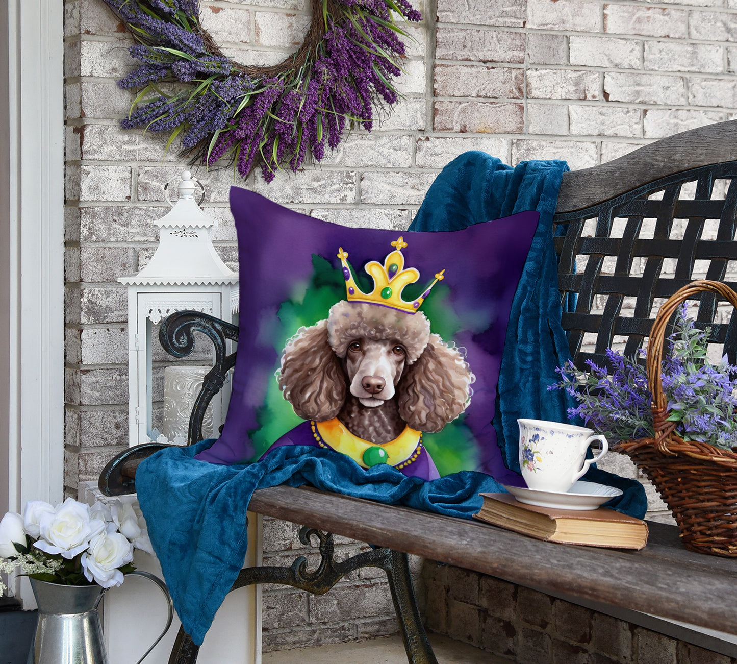 Chocolate Poodle King of Mardi Gras Throw Pillow